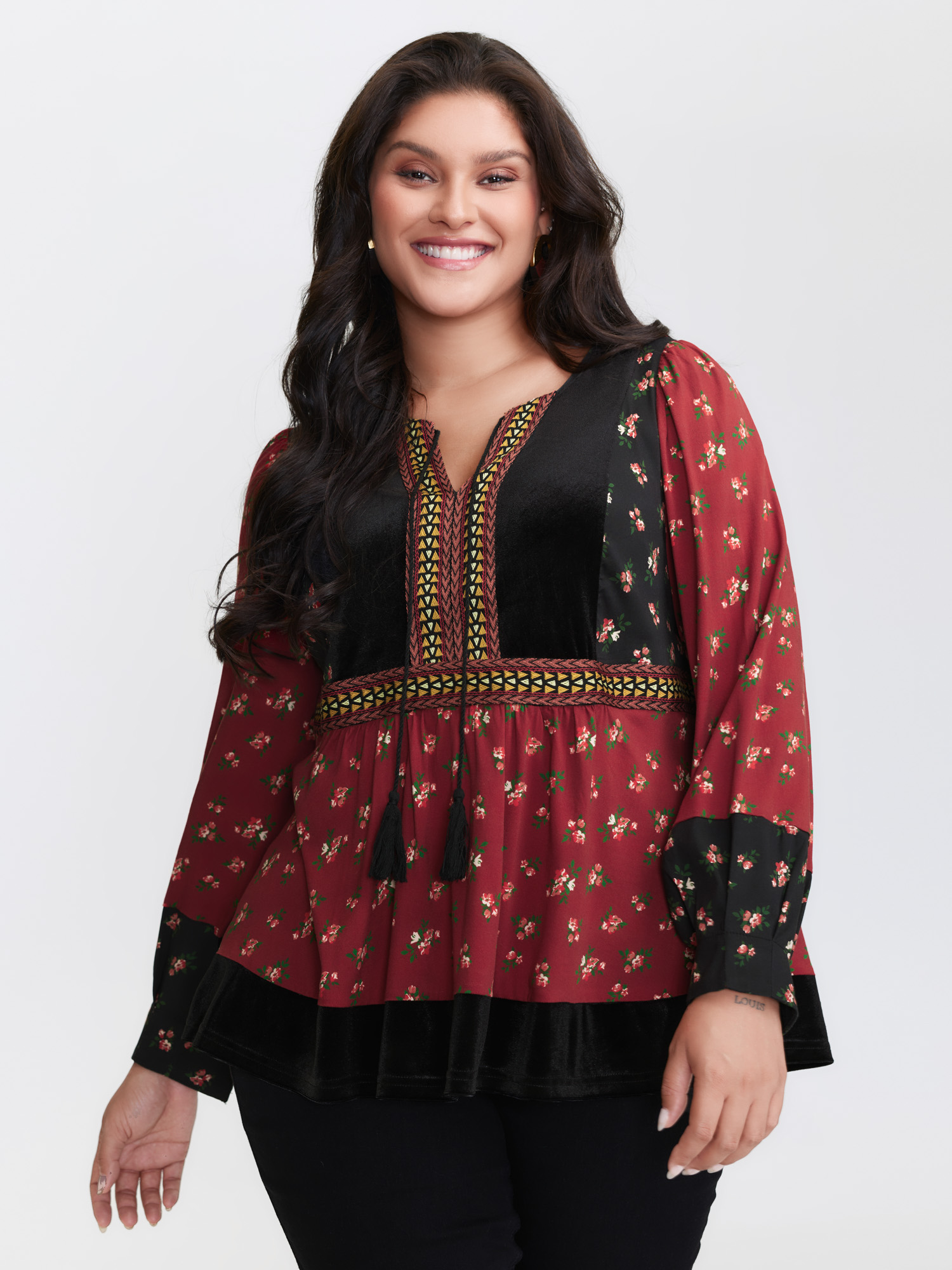 BloomChic Women's Plus Size Floral Print Color Contrast Tie Blouse Multicolor Vacation Long Sleeve 10/M