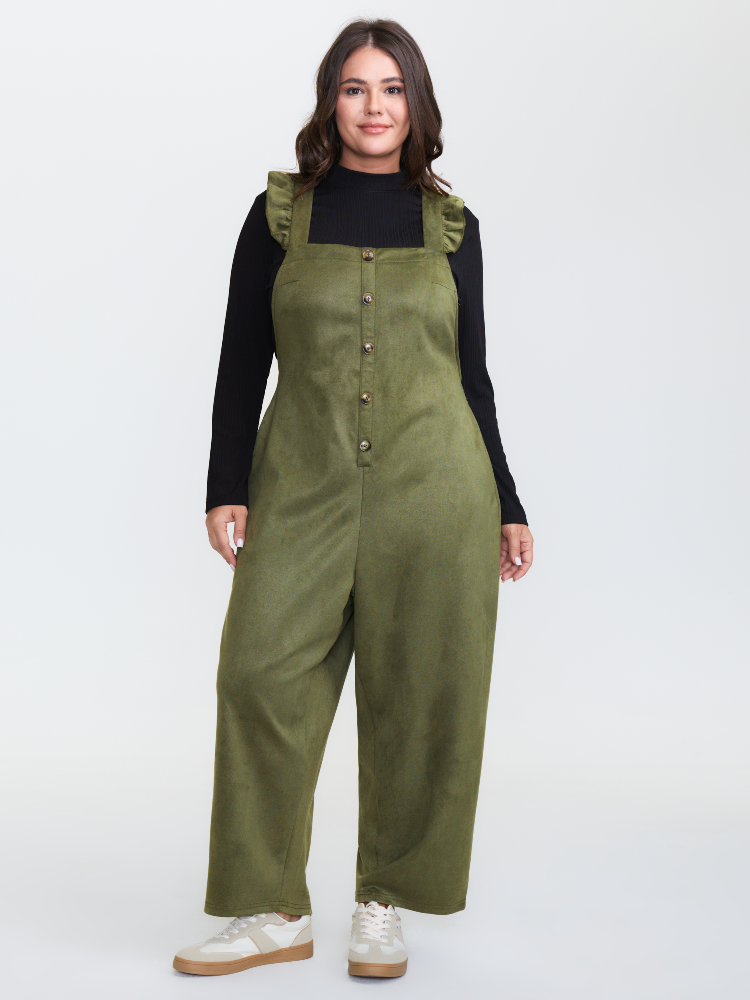 BloomChic Women's Plus Size Suede Adjustable Ruffled Jumpsuit ArmyGreen Everyday-Casual 12/L
