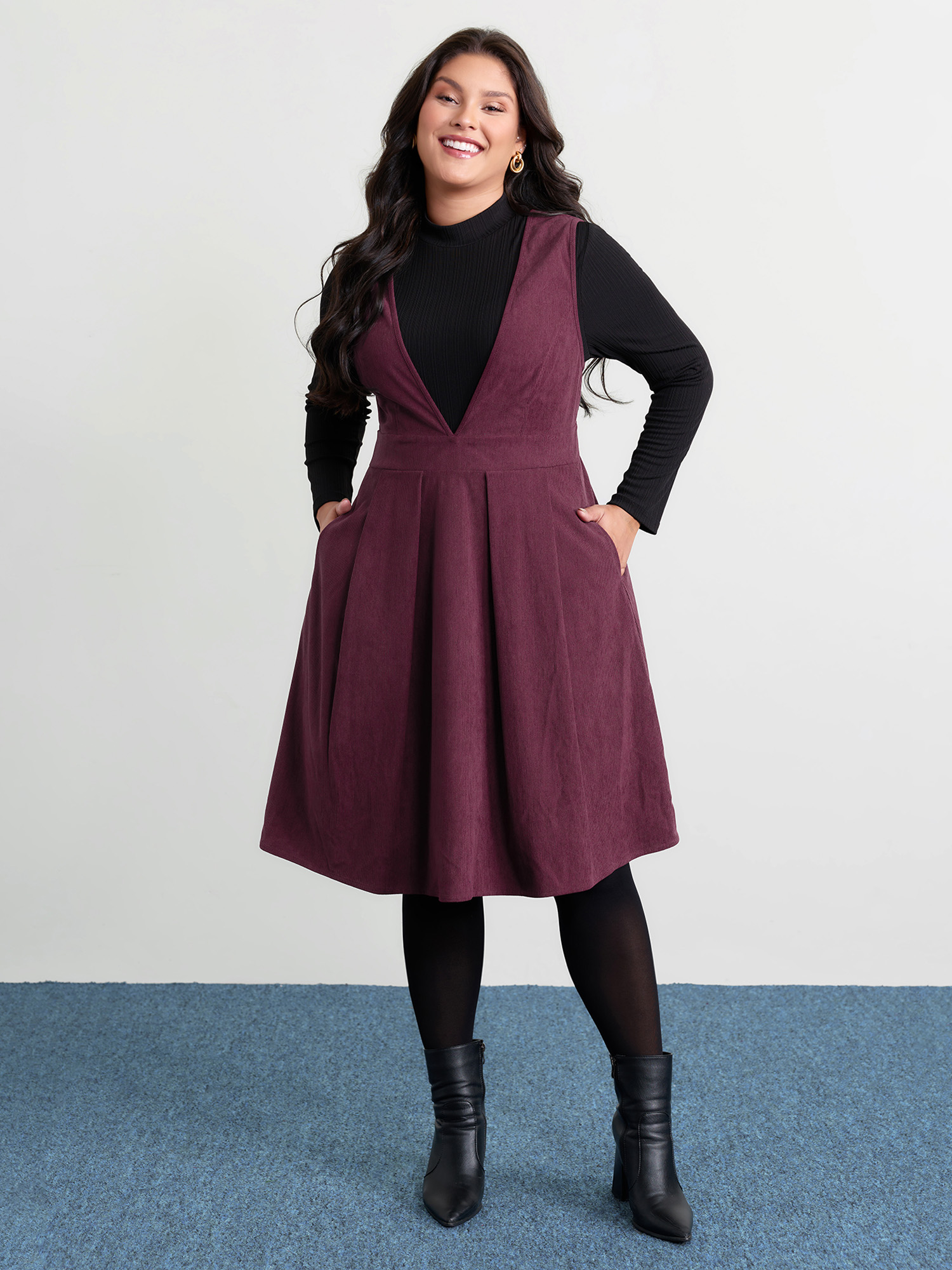 BloomChic Plus Size Corduroy Stretchy Waist V-Neck Mini Dress - Curve Ladies Burgundy Elegant Sleeveless Solid Side Pocket Daily Dresses 26-28/3X
