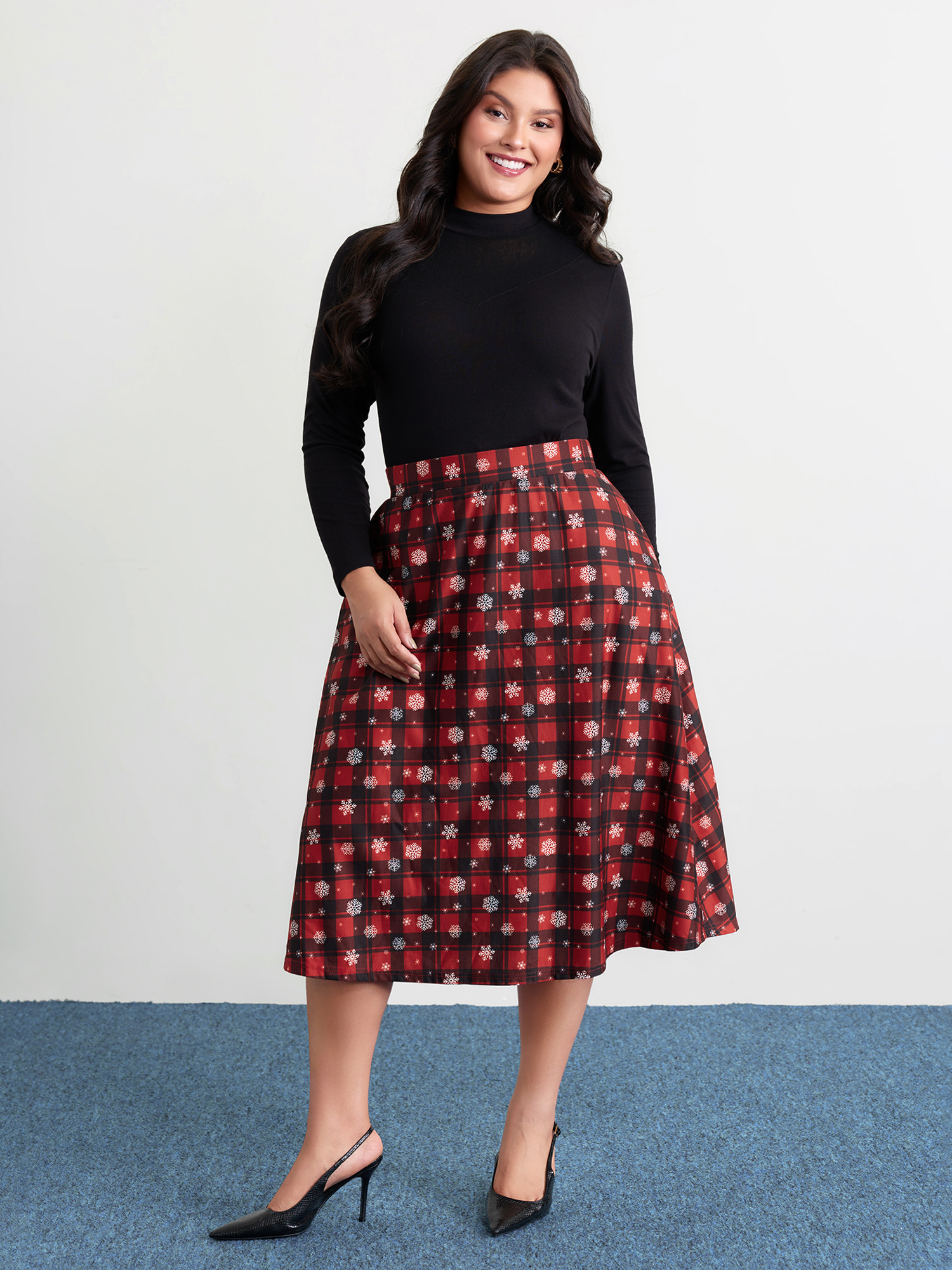 BloomChic Women's Plus Size Checkered Snowflake Pattern Midi Skirt Deepred Flared Everyday-Elegant 12/L