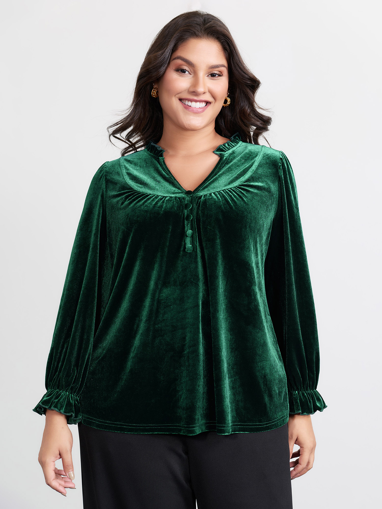 BloomChic Women's Plus Size Retro Velvet A-Line Knit Top DarkGreen Long Sleeve Everyday-Elegant 10/M