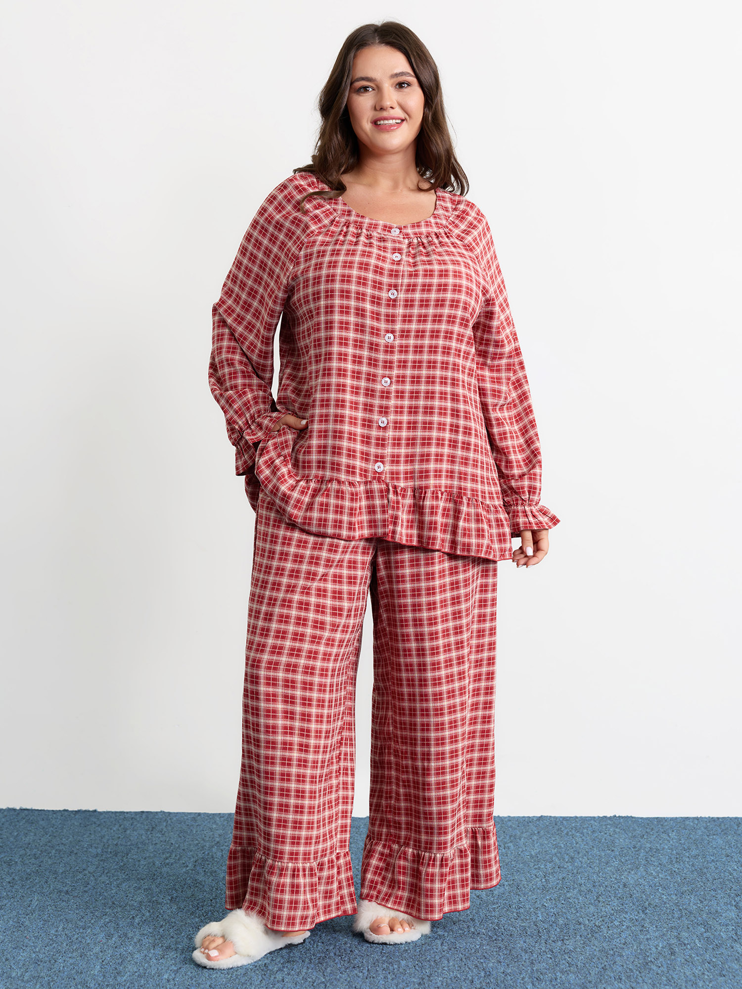 BloomChic Women's Plus Size Gingham Print Ruffled Hem Co-Ord Pajama Set Crimson not graphics 26/4X-image-47554299396266