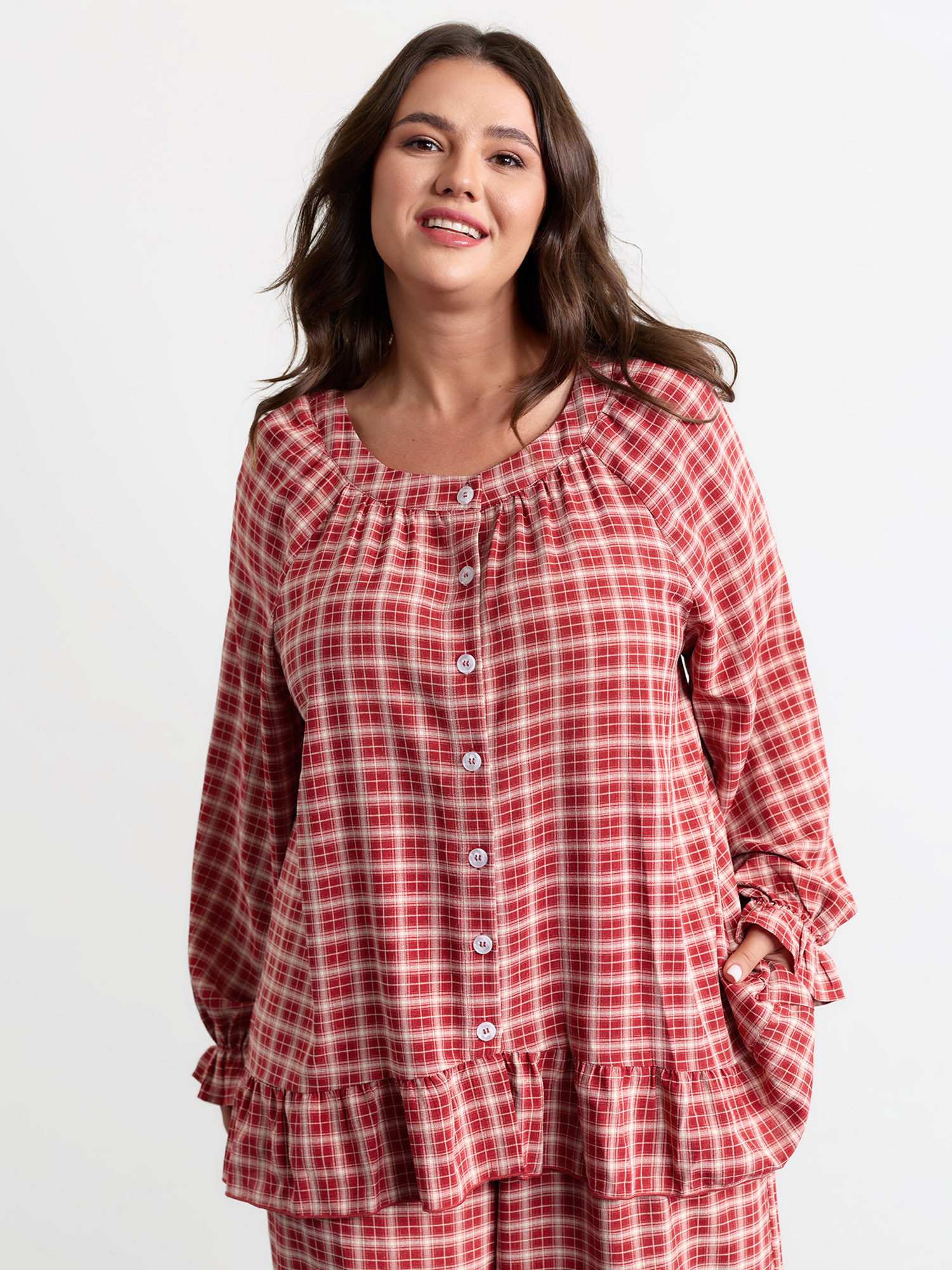 Side view of BloomChic Women's Plus Size Gingham Print Ruffled Hem Co-Ord Pajama Set Crimson not graphics 22-24/3X