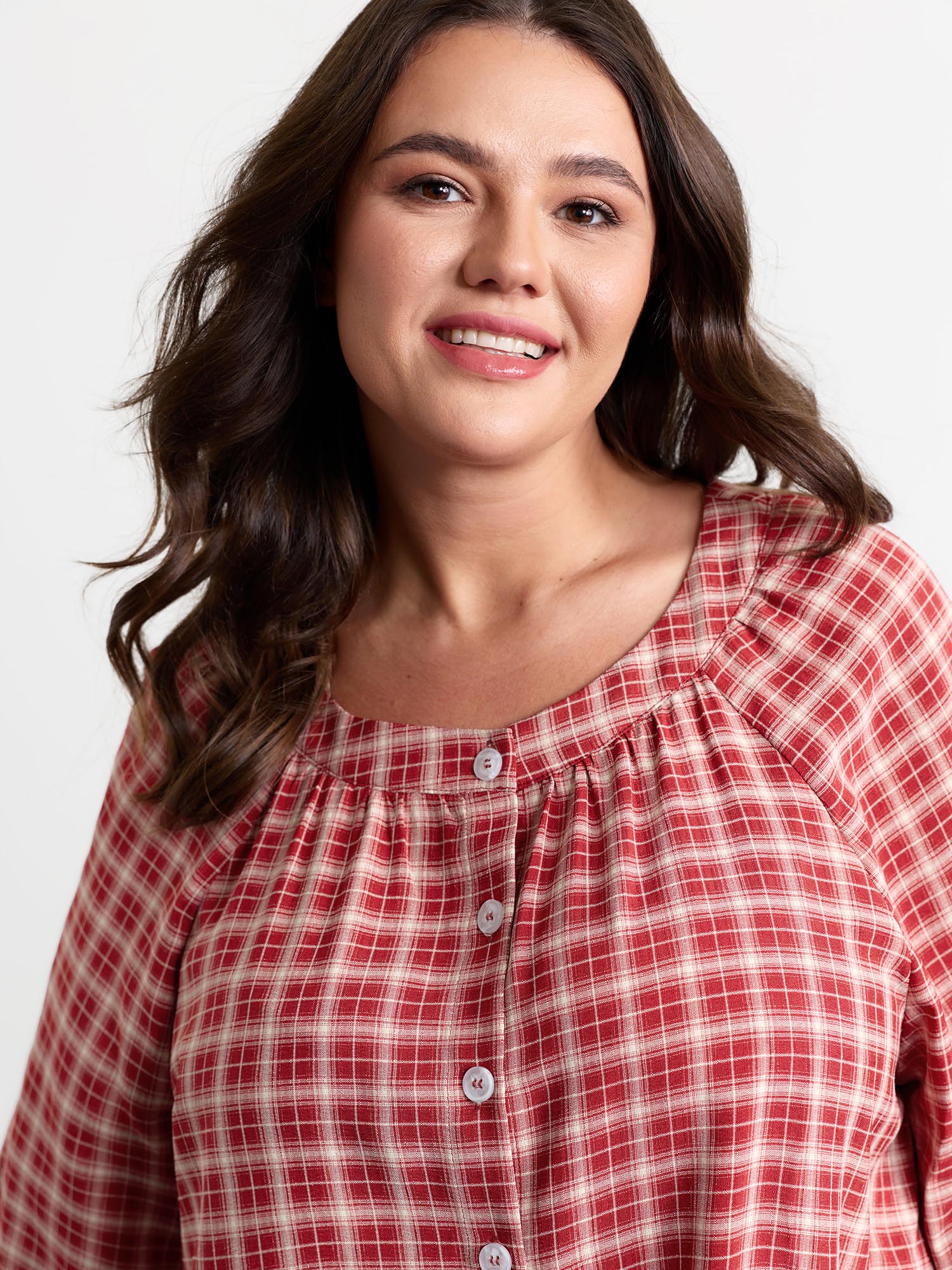Side view of BloomChic Women's Plus Size Gingham Print Ruffled Hem Co-Ord Pajama Set Crimson not graphics 22-24/3X