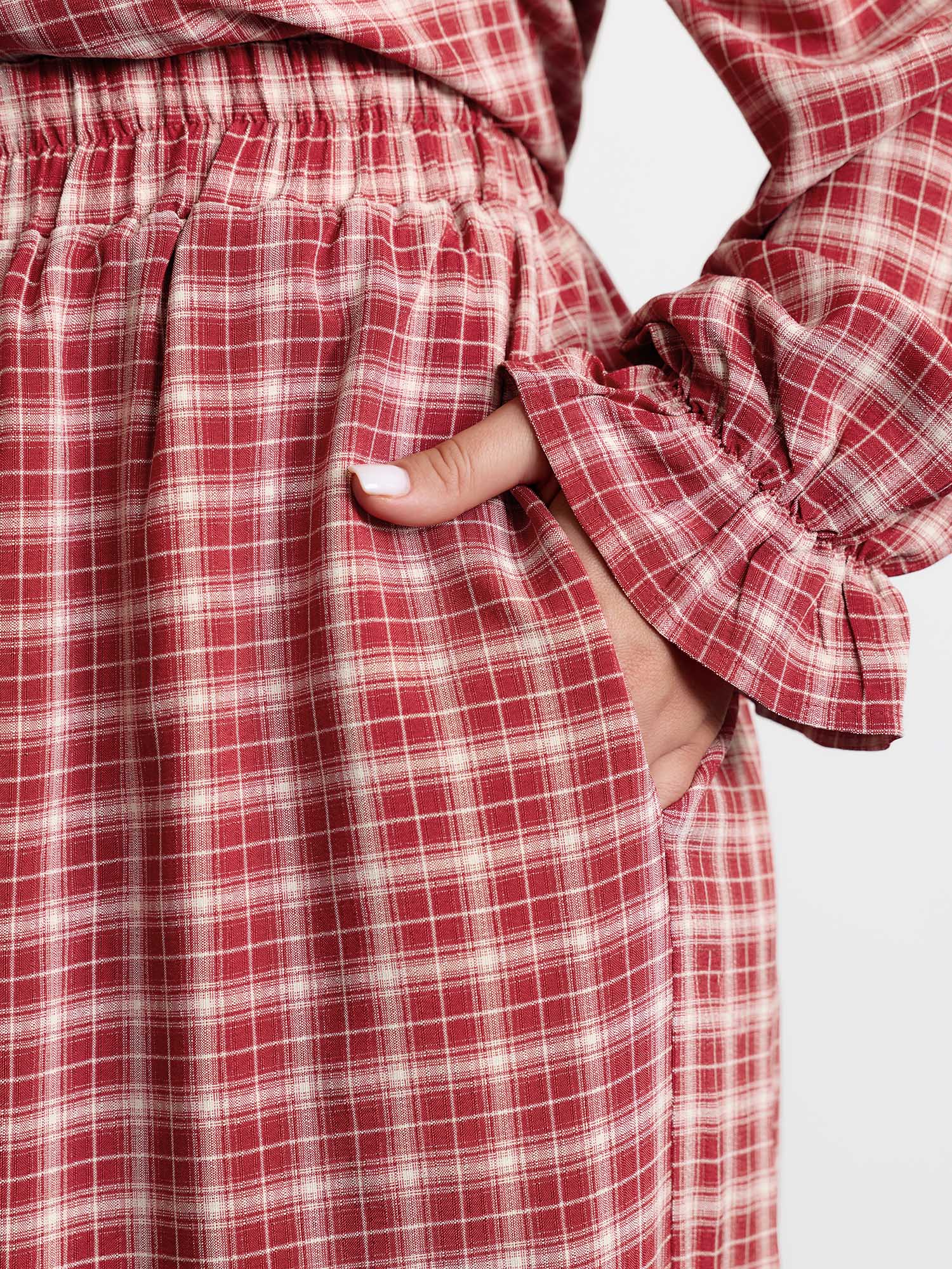 Side view of BloomChic Women's Plus Size Gingham Print Ruffled Hem Co-Ord Pajama Set Crimson not graphics 22-24/3X