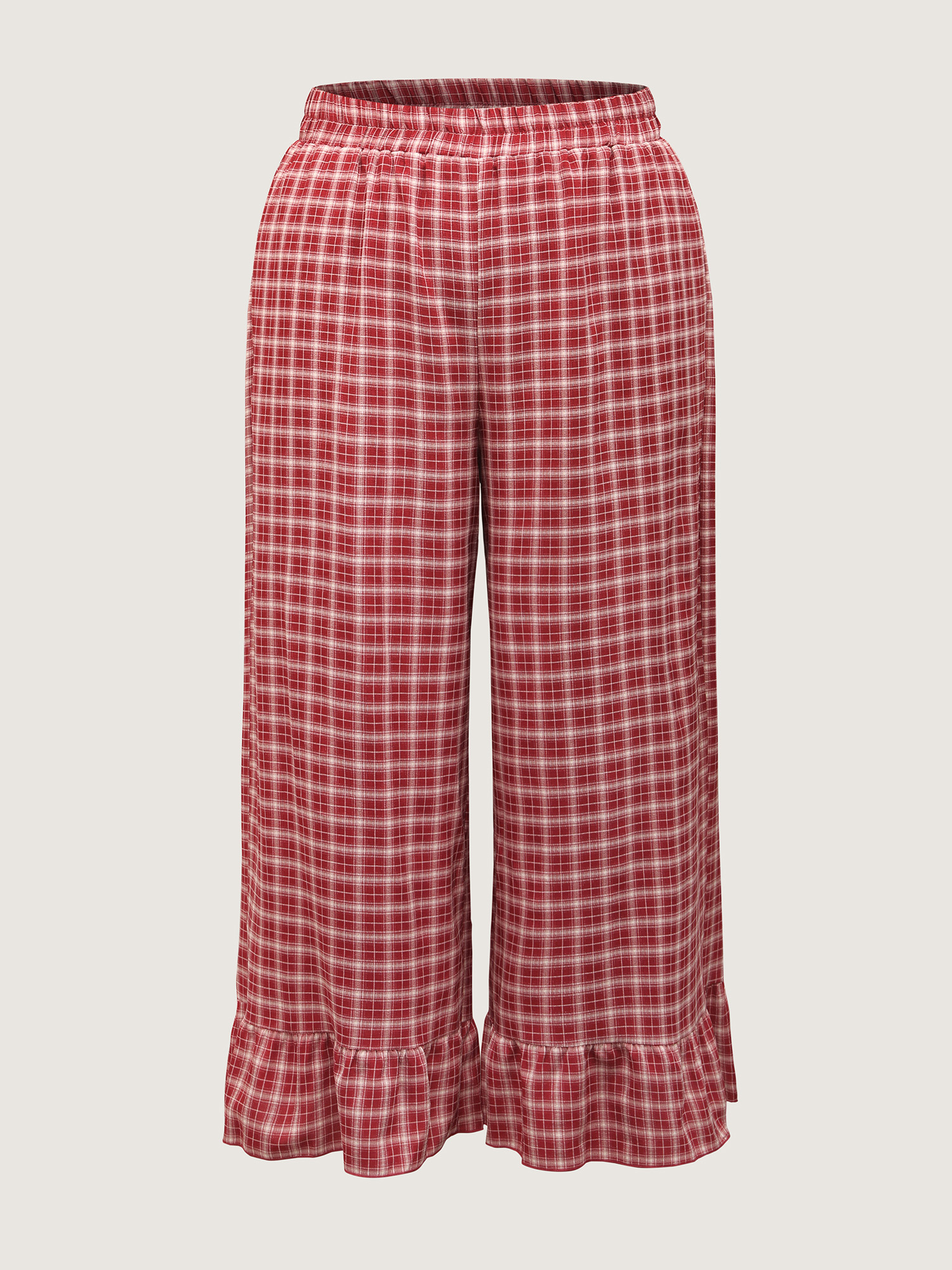 Side view of BloomChic Women's Plus Size Gingham Print Ruffled Hem Co-Ord Pajama Set Crimson not graphics 22-24/3X