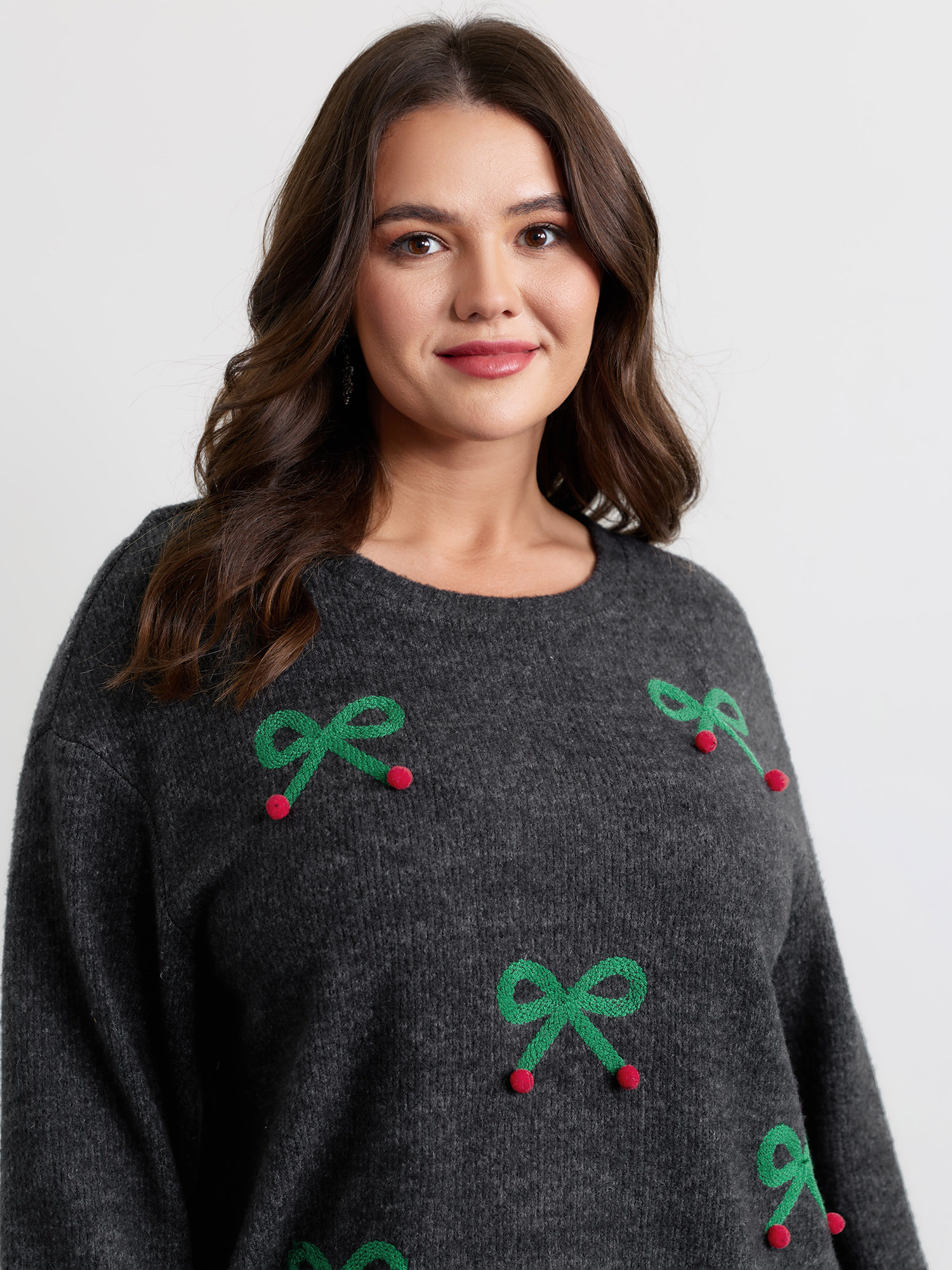 BloomChic Women's Plus Size Cherry Cord Embroidery Textured Sweatshirt Black Christmas Everyday-Casual 10/M