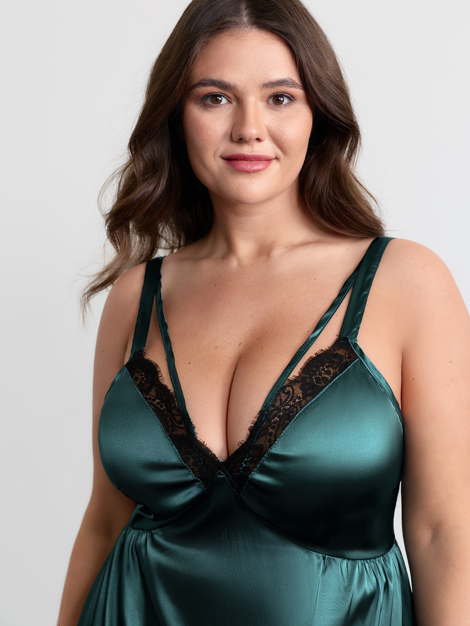 Side view of BloomChic Women's Plus Size Satin Lace Trim Cut-Out Sleep Dress Cyan Sleeveless Mini Deep V-Neck 12/L
