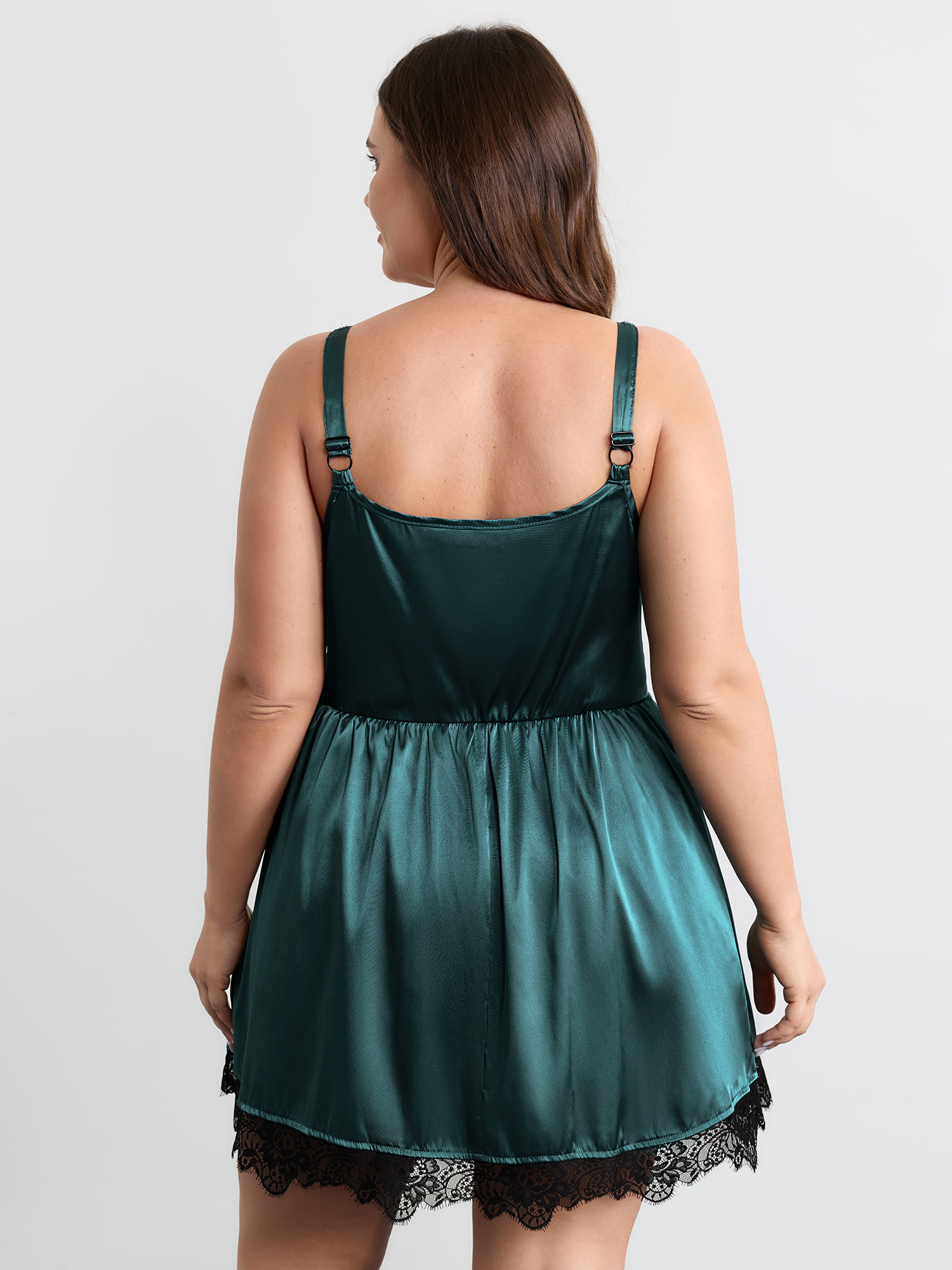 Side view of BloomChic Women's Plus Size Satin Lace Trim Cut-Out Sleep Dress Cyan Sleeveless Mini Deep V-Neck 12/L