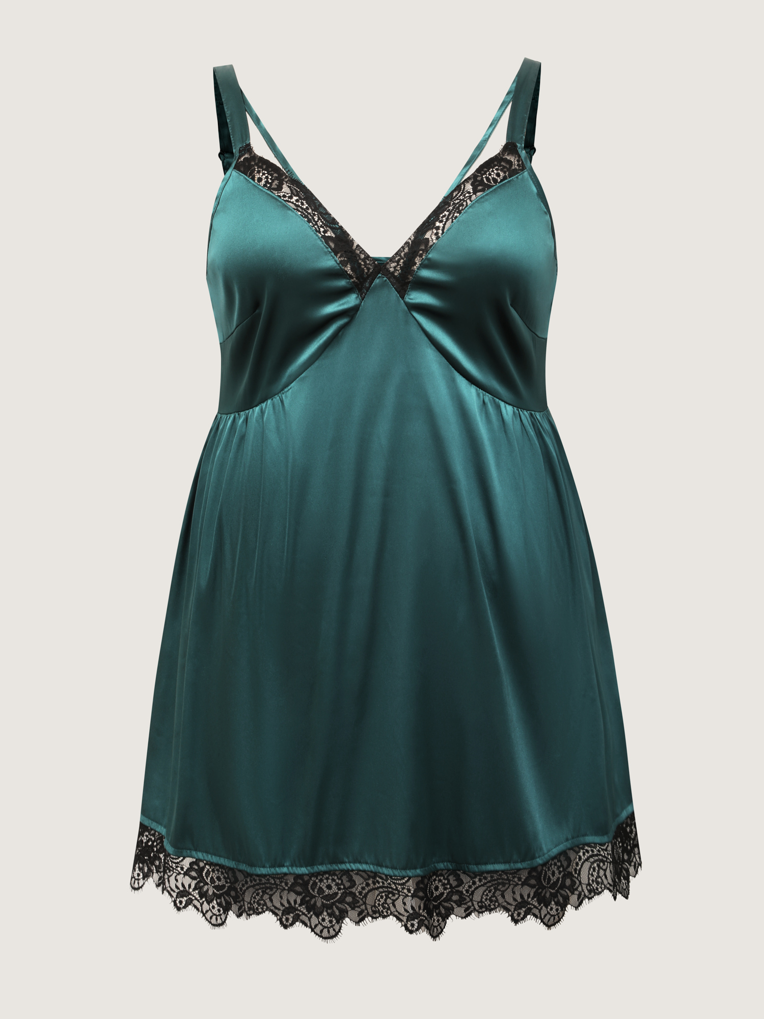 Side view of BloomChic Women's Plus Size Satin Lace Trim Cut-Out Sleep Dress Cyan Sleeveless Mini Deep V-Neck 12/L