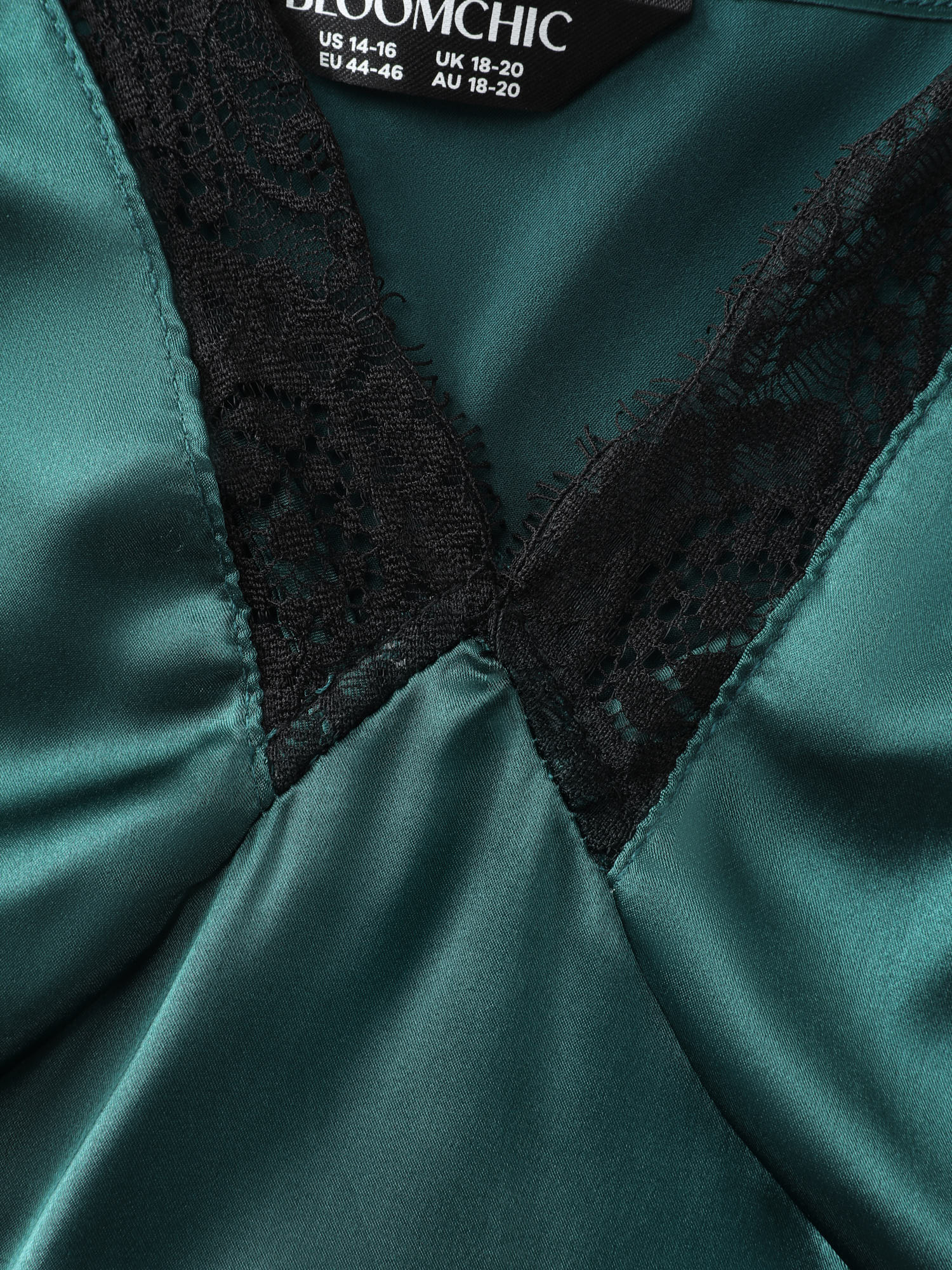 Side view of BloomChic Women's Plus Size Satin Lace Trim Cut-Out Sleep Dress Cyan Sleeveless Mini Deep V-Neck 12/L