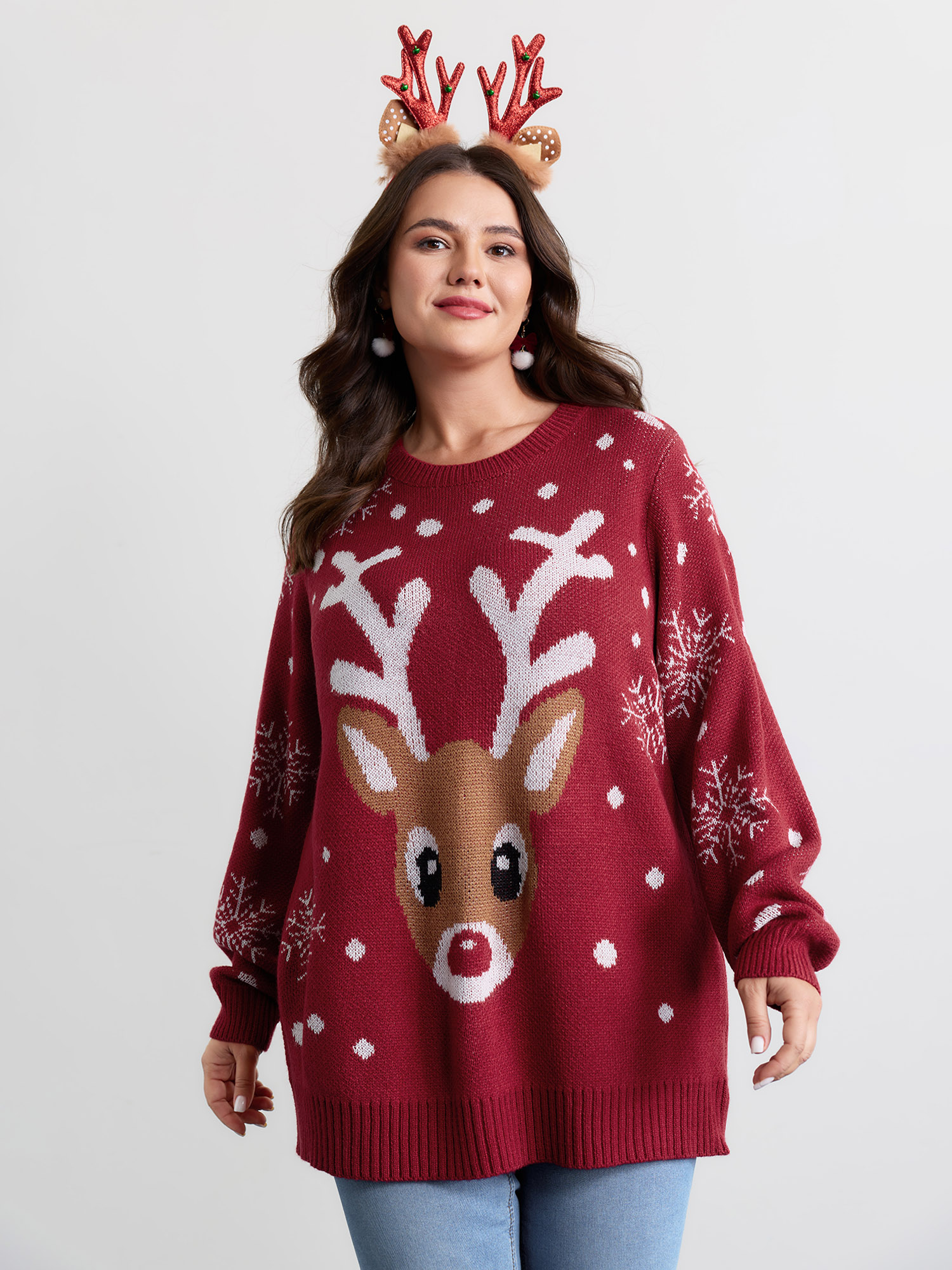 BloomChic Women's Plus Size Deer Snowflake Pattern Jacquard Pullover Crimson Graphic-Christmas Long Sleeve Round Neck 10/M