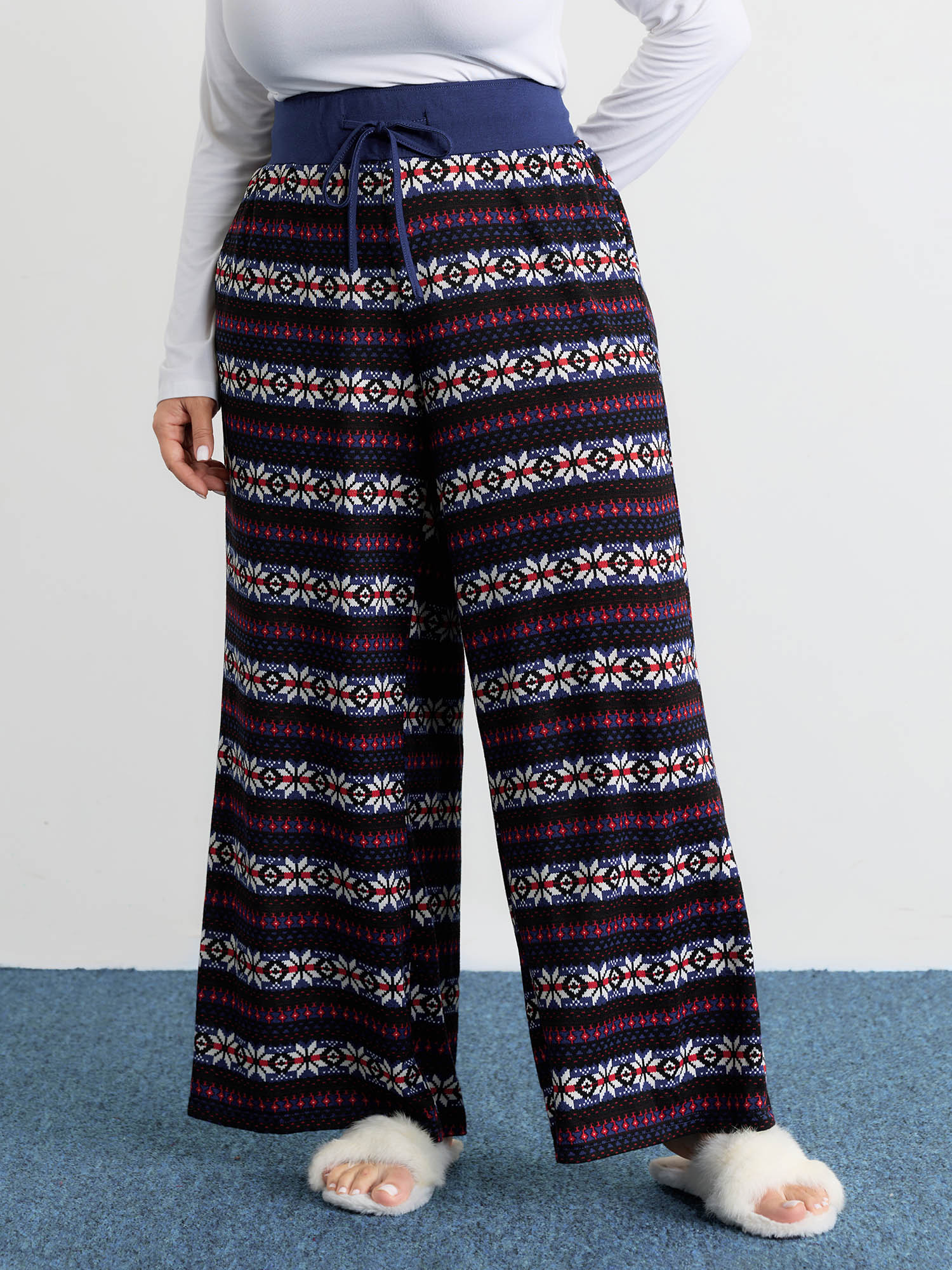 BloomChic Women's Plus Size Geo Print Drawstring Waist Pants DarkBlue Geometric Wide leg Mid Rise 10/M