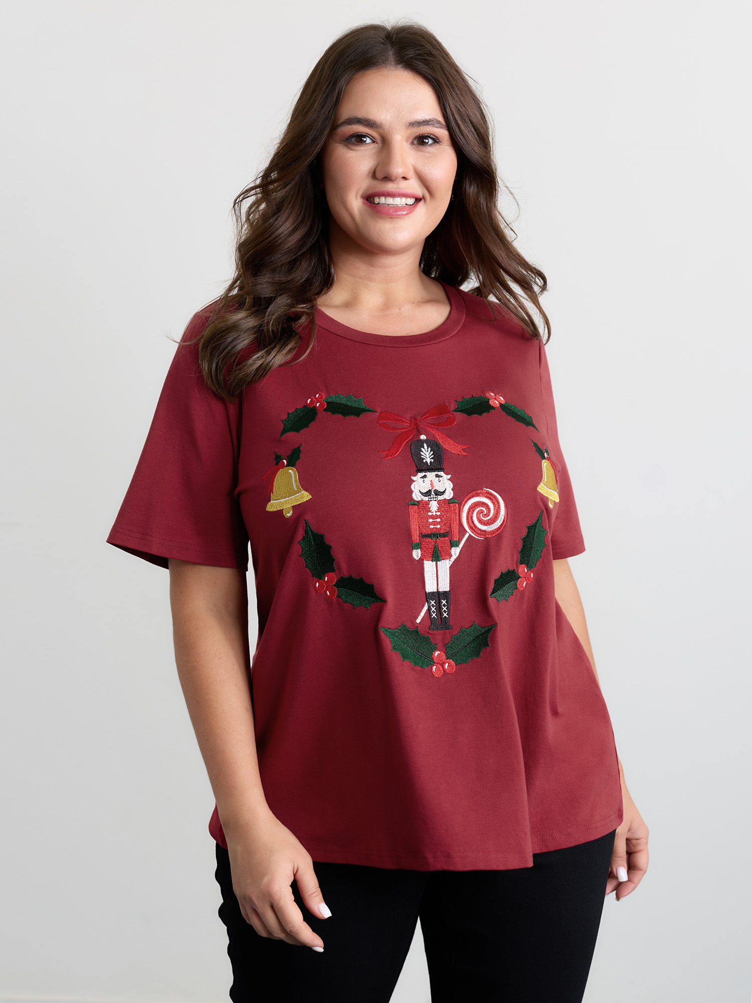 BloomChic Women's Plus Size Holiday Nutcracker Round Neck T-Shirt Burgundy Non Everyday-Casual Short sleeve 10/M
