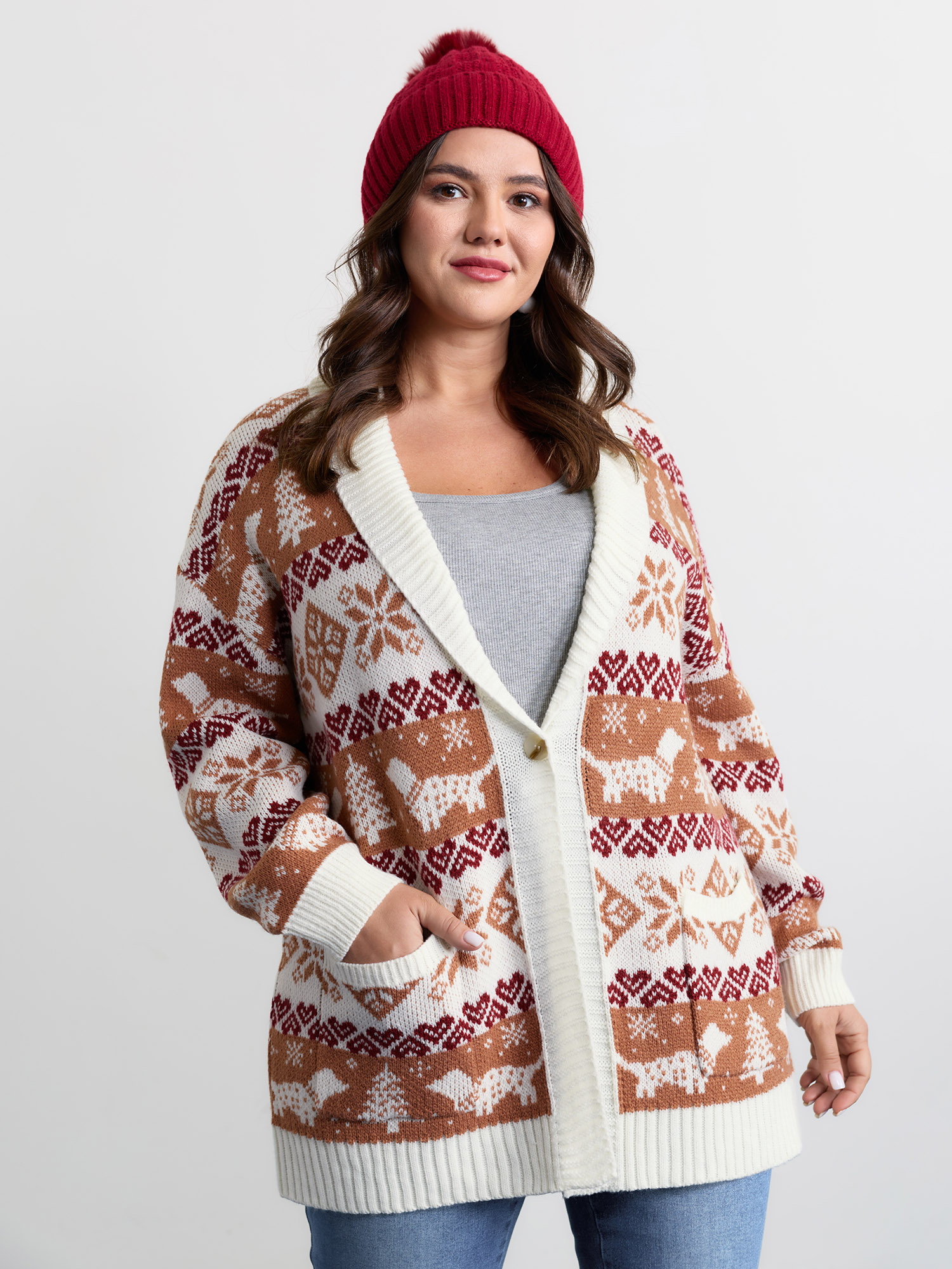 BloomChic Women's Plus Size Holiday Pattern Jacquard Shawl Collar Cardigan Bronze Long Sleeve 18-20/2X