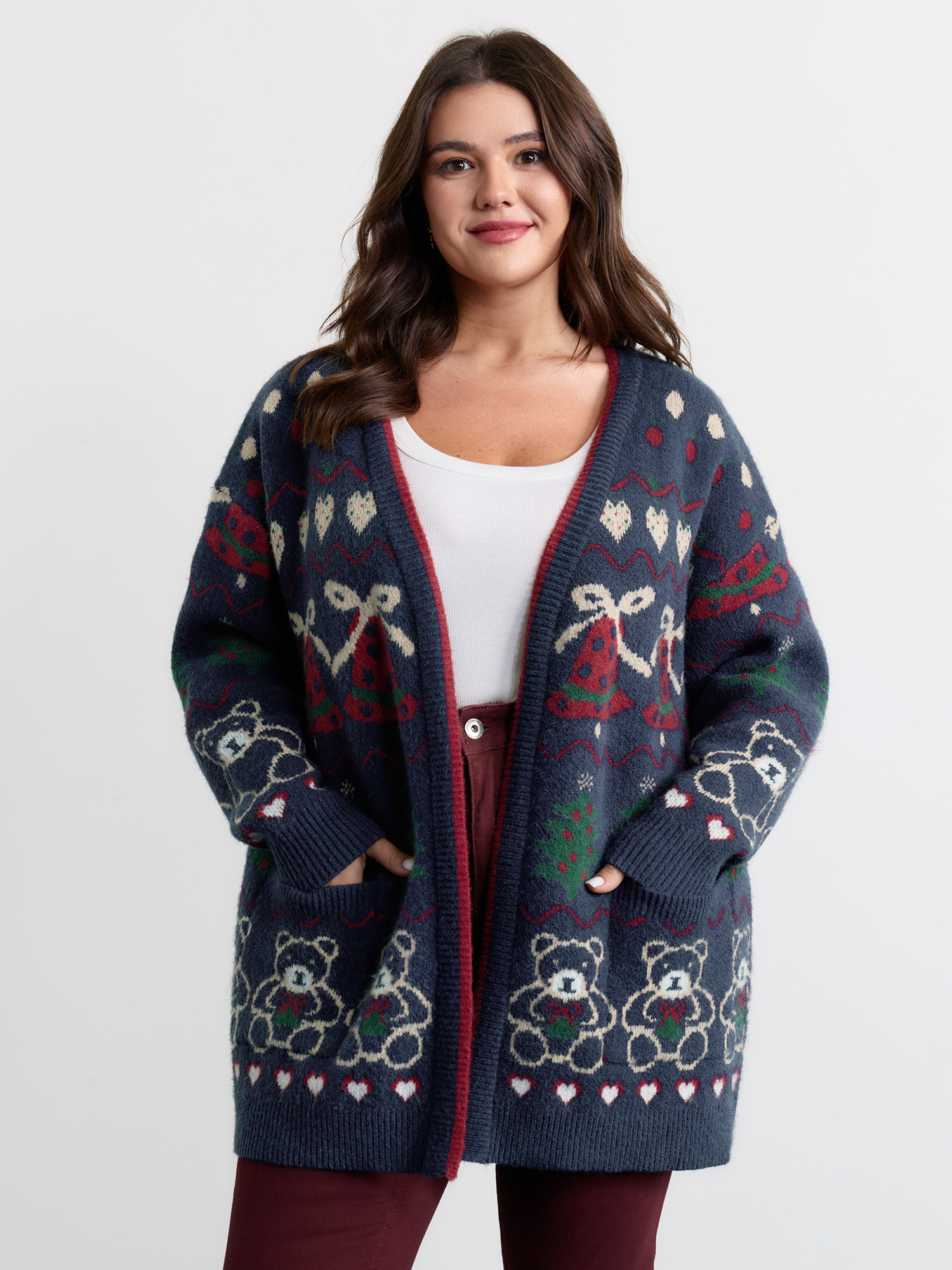 BloomChic Women's Plus Size Supersoft Festive Pattern Jacquard Pockets Knit Cardigan Indigo Long Sleeve 10/M
