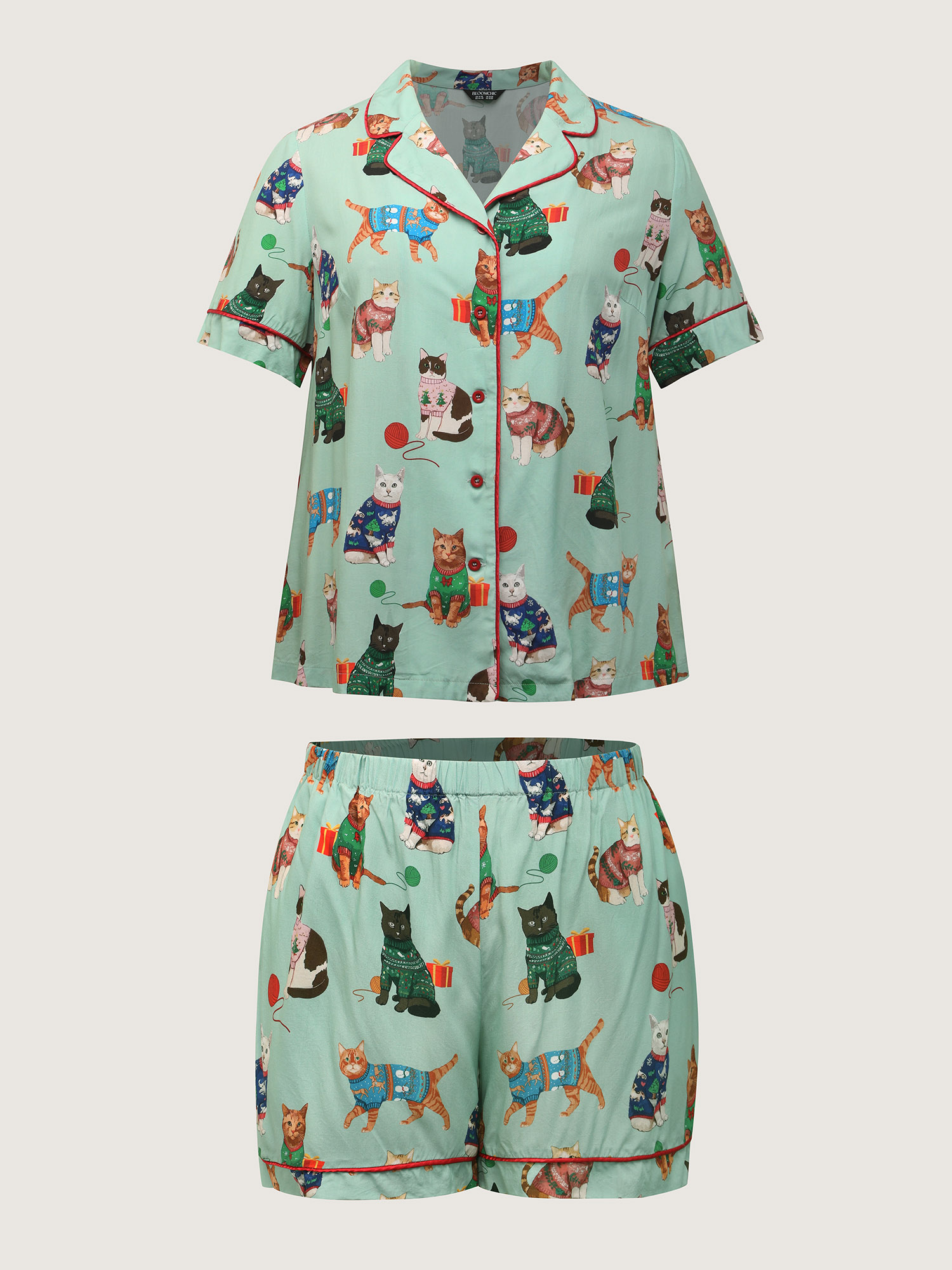 Side view of BloomChic Women's Plus Size Holiday Cats Print Color Contrast Pajama Set Multicolor Christmas 18-20/2X