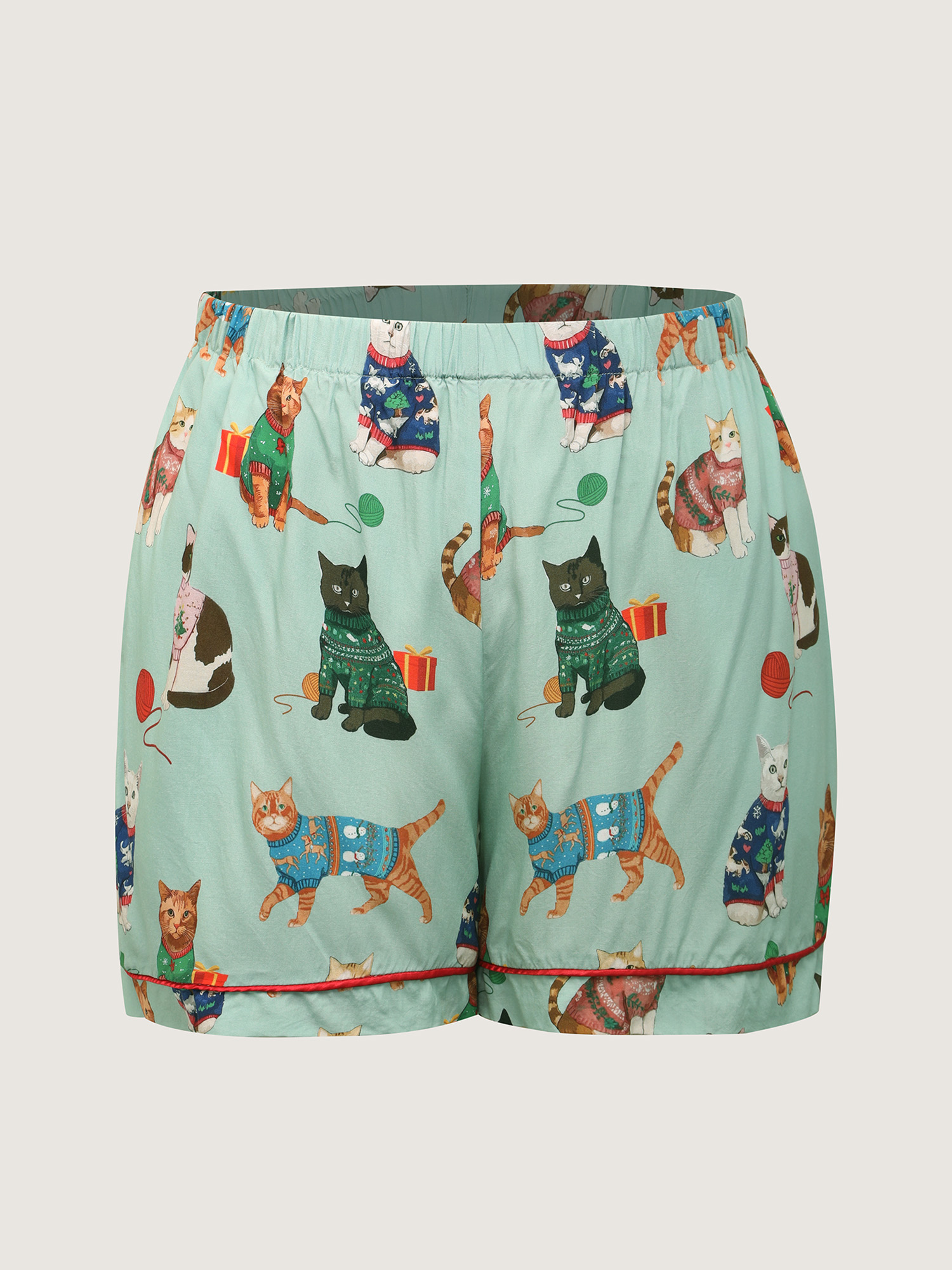 Side view of BloomChic Women's Plus Size Holiday Cats Print Color Contrast Pajama Set Multicolor Christmas 18-20/2X