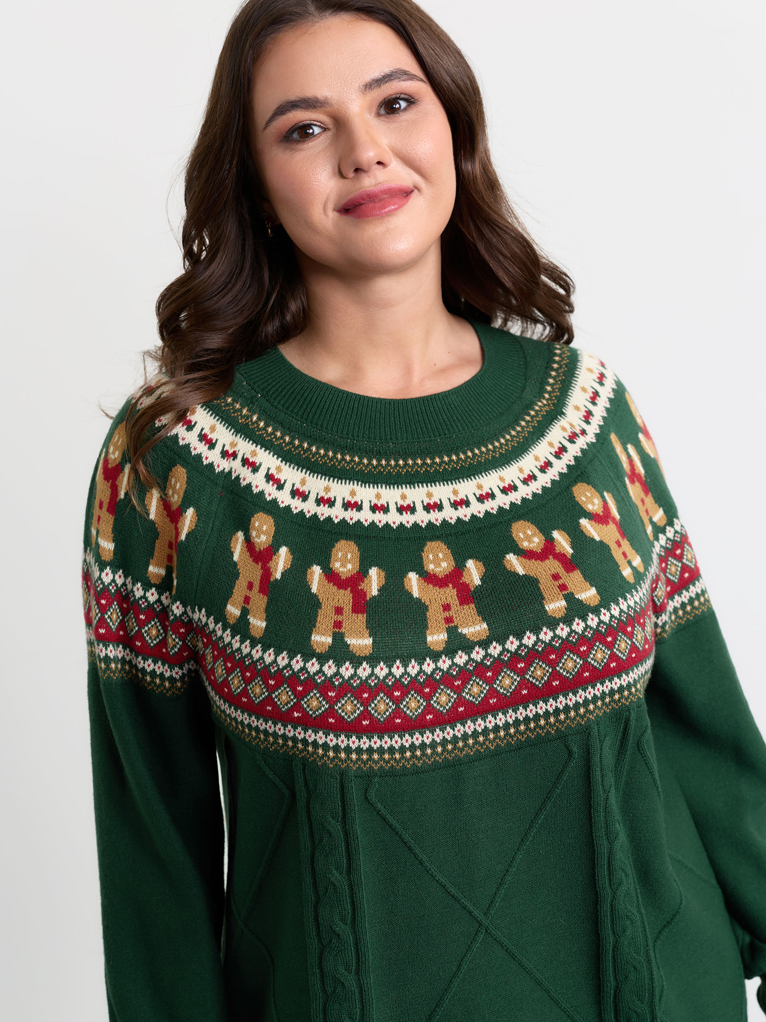 BloomChic Plus Size Gingerbread Fair-Isle Contrast Pullover - Curve Women's Winter Round Neck Boxy Jacquard DarkGreen Raglan sleeve Pullovers 14/M