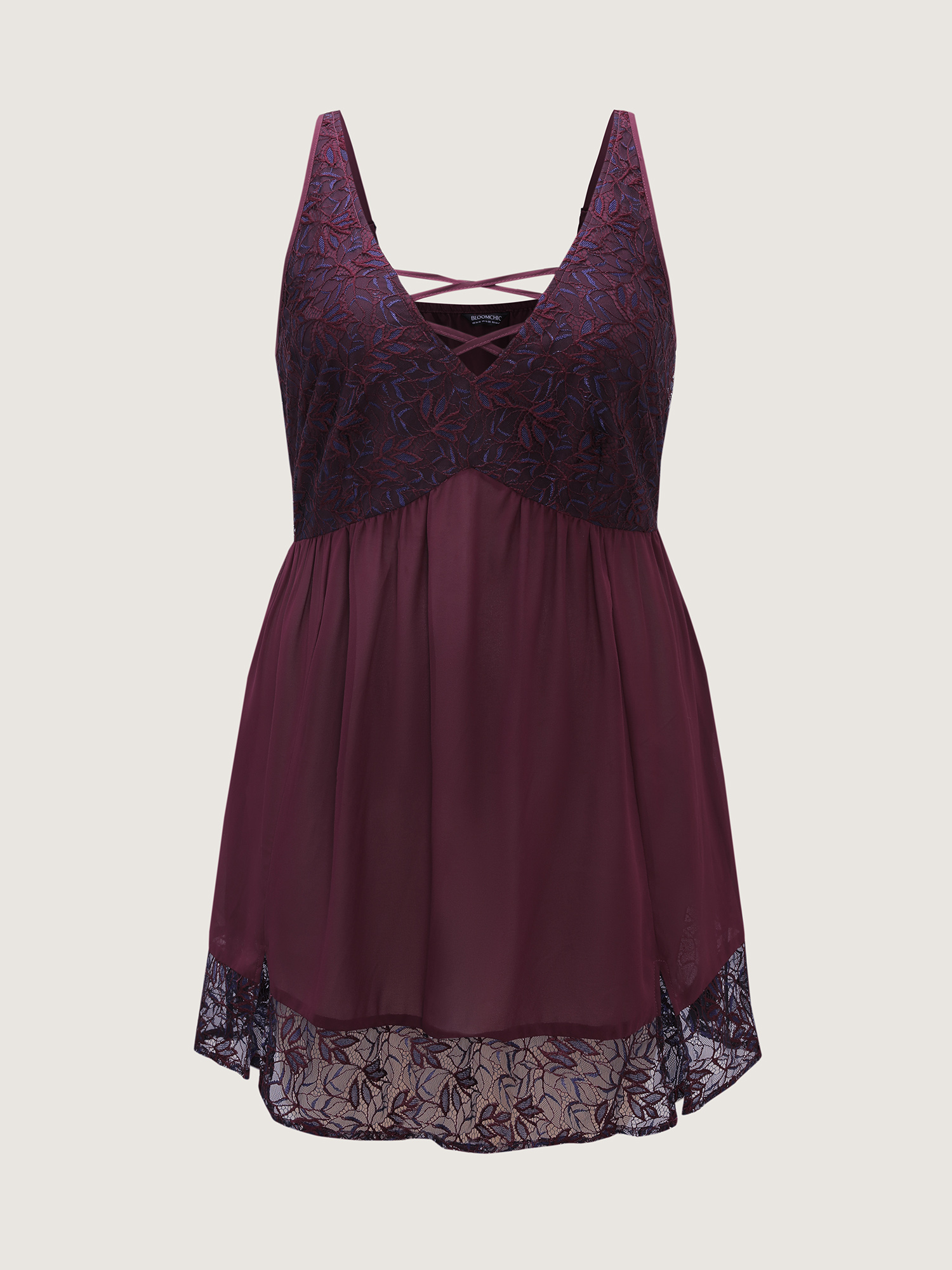 Side view of BloomChic Women's Plus Size Textured Lace Cross-Tie Neckline Nightgown Eggplant Sleeveless Tunic 28/5X