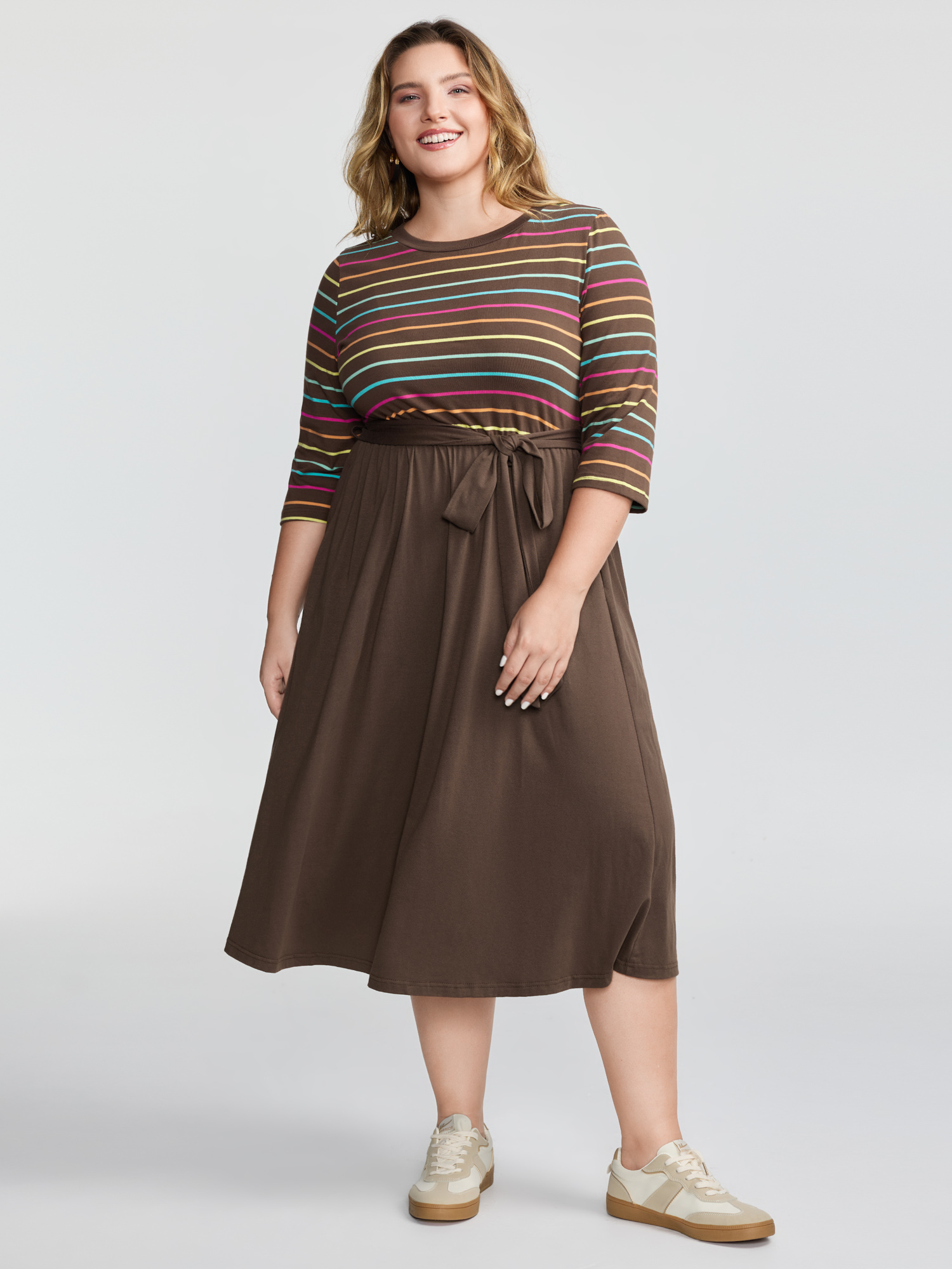 BloomChic Women's Plus Size Colorful Stripe Stretchy Waist Midi Dress Browncoffeecolor Stripes Midi Everyday-Casual 10/M