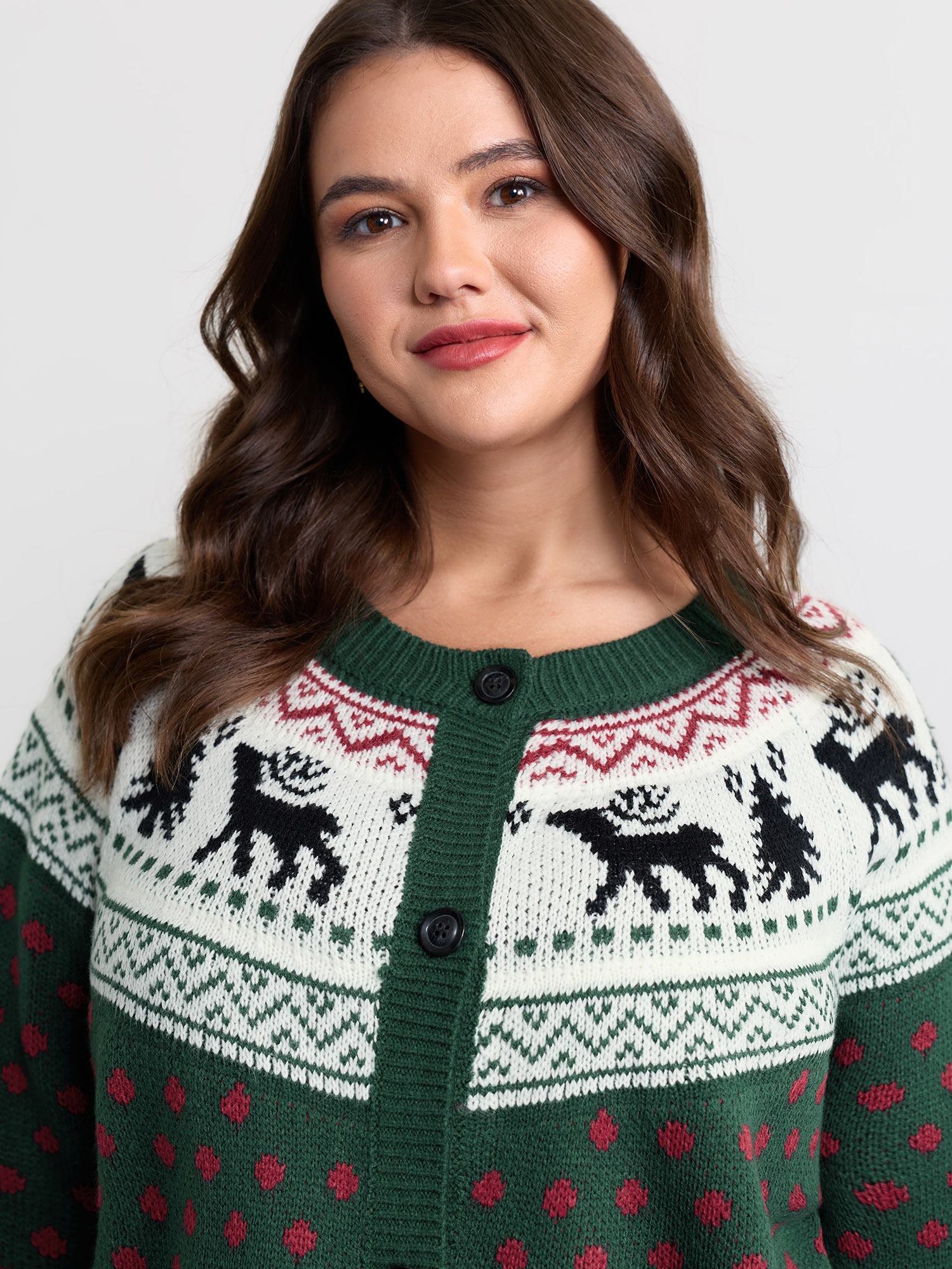 BloomChic Women's Plus Size Fair-Isle Holiday Buttons Knit Cardigan DarkGreen Long Sleeve 10/M