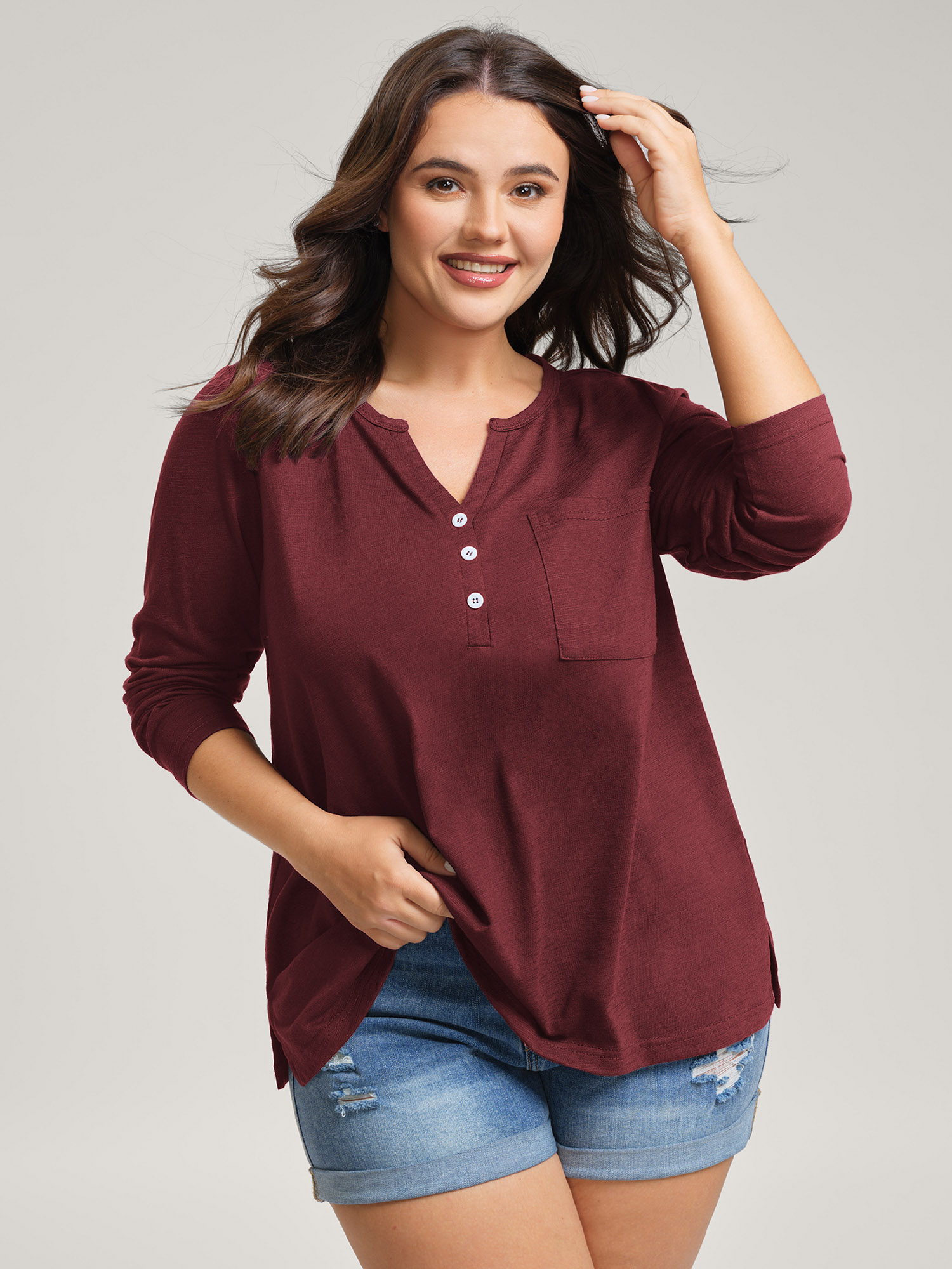 BloomChic Plus Size Stretchy Split Button Neckline Basic T-Shirt - Women's Burgundy Solid Round Neck Comfort Midsection Fit Long Sleeve Playful T-shirts 34/6X