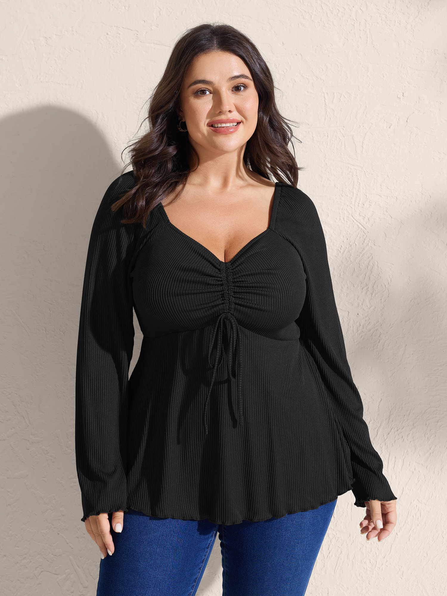 BloomChic Women's Plus Size Ribbed Adjustable Drawstring Bodice Flared T-Shirt Black Long Sleeve Everyday-Elegant 10/M