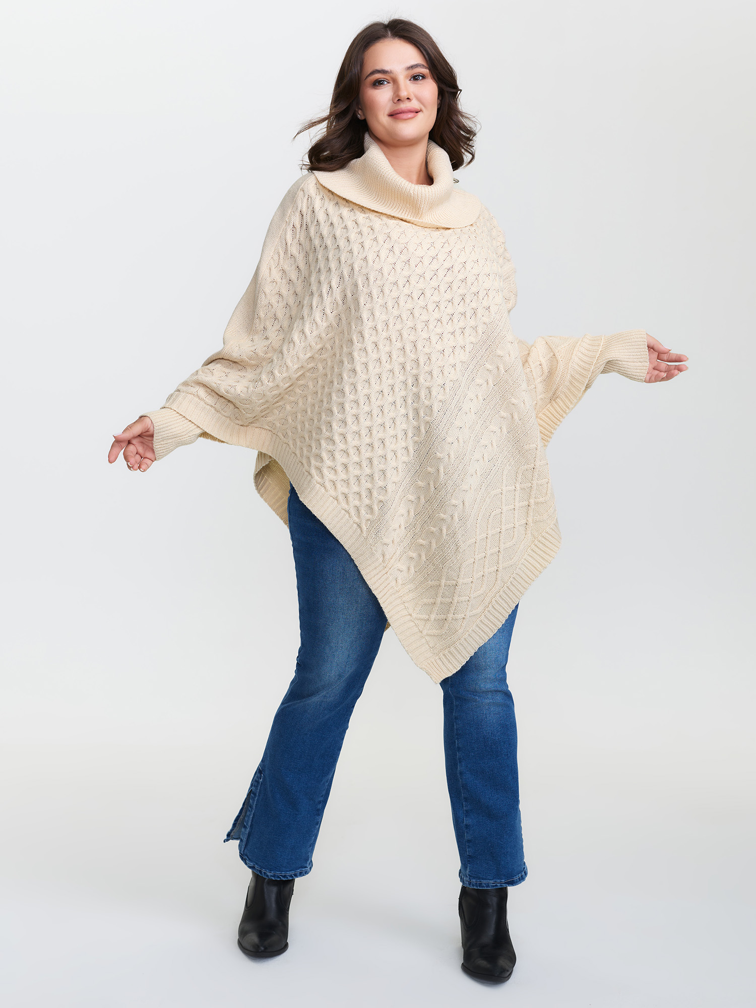 BloomChic Women's Plus Size Turtleneck Cableknit Batwing Sleeve Pullover Ivory Sleeveless 12/L