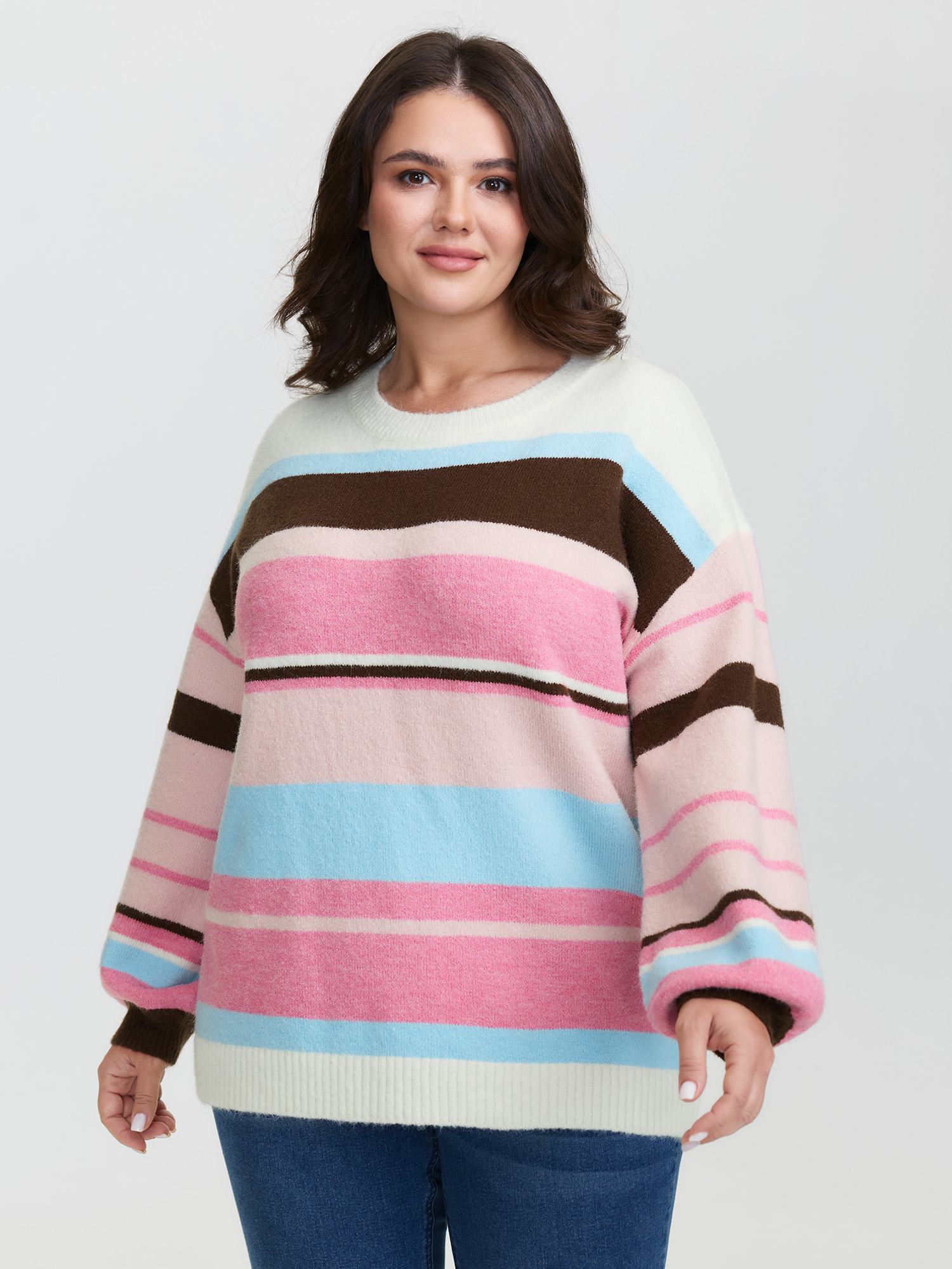 BloomChic Women's Plus Size Colorful Stripes Drop Shoulder Lantern Sleeve Pullover Blush Long Sleeve 10/M