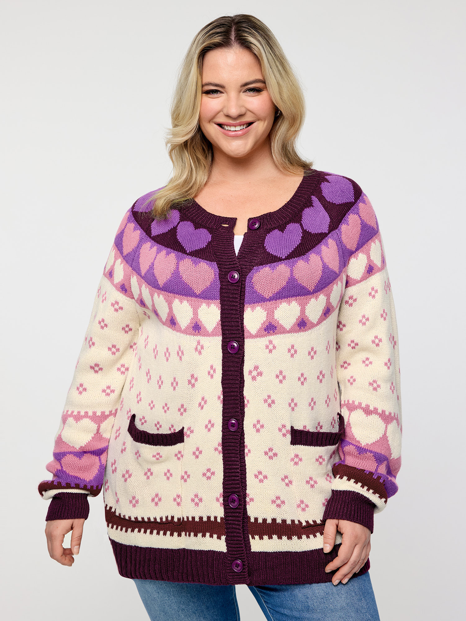 BloomChic Women's Plus Size Winter Hearts Jacquard Button Knit Cardigan Burgundy Long Sleeve 10/M