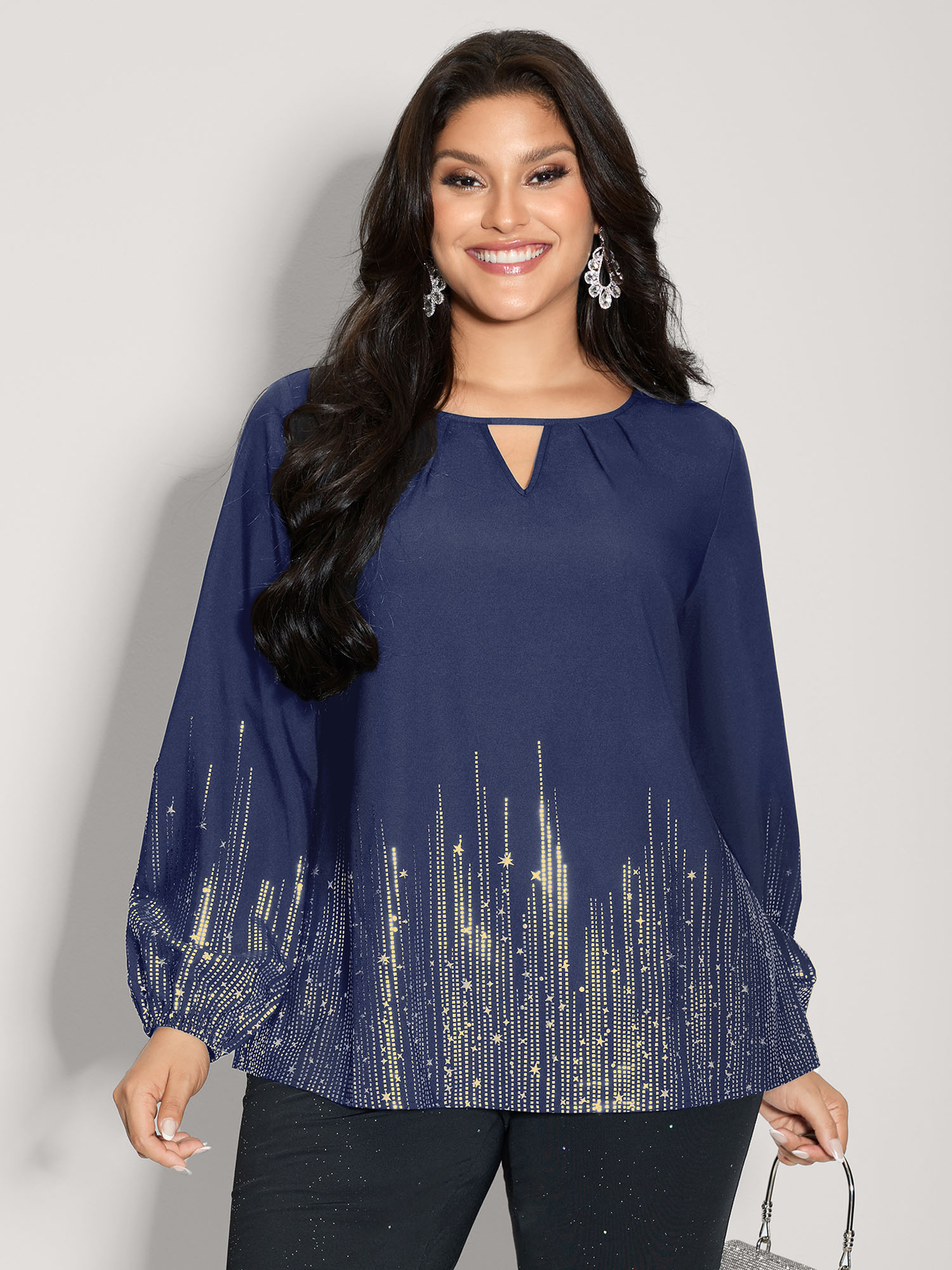 BloomChic Women's Plus Size Shimmery Cut-Out Neck Blouse Indigo Metallic Occasion Long Sleeve Round Neck 12/L