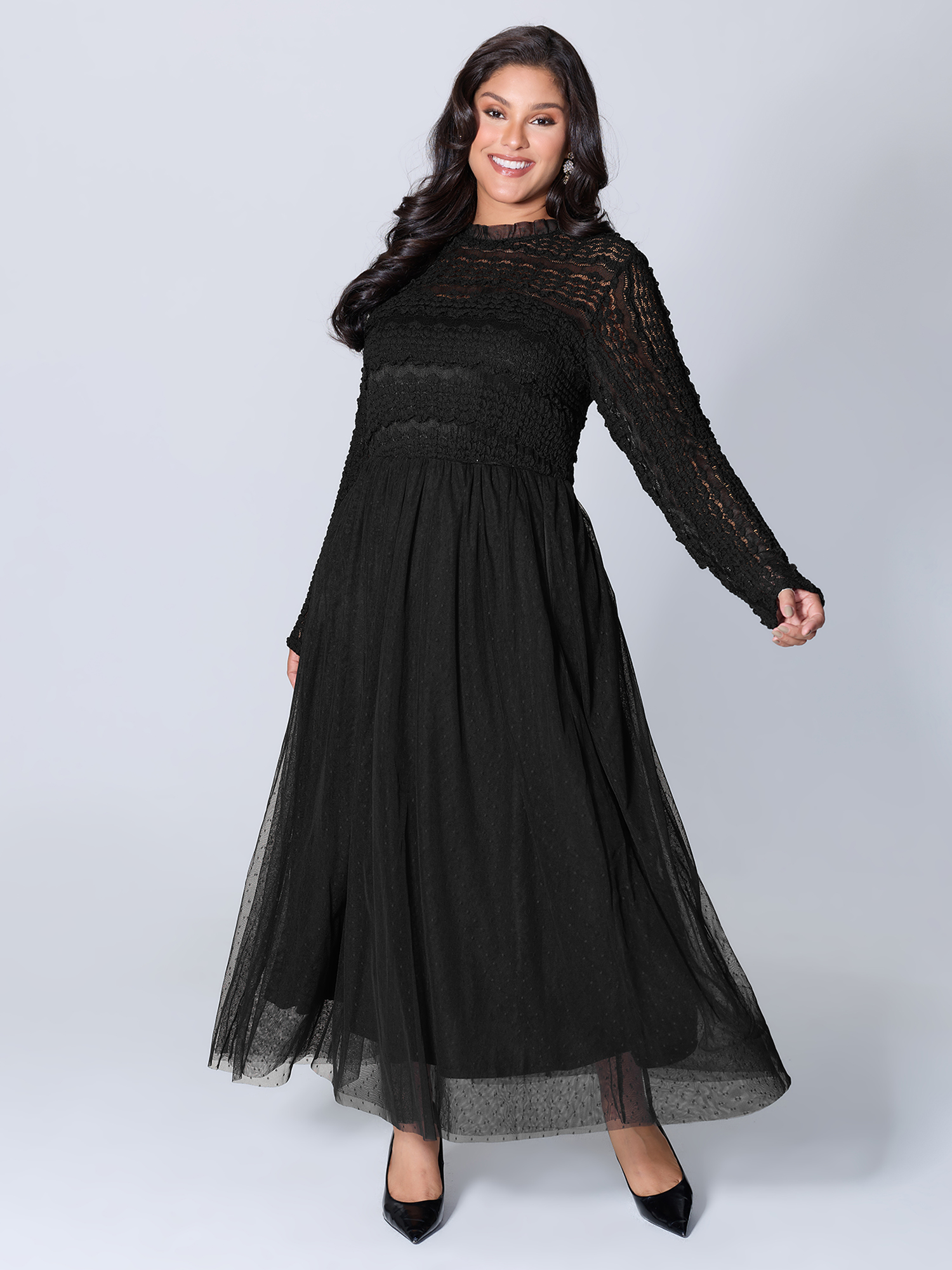 BloomChic Women's Plus Size Textured Lace Sheer Lined Maxi Dress Black Elegant Patchwork Mock Neck 12/L-image-47559521566890