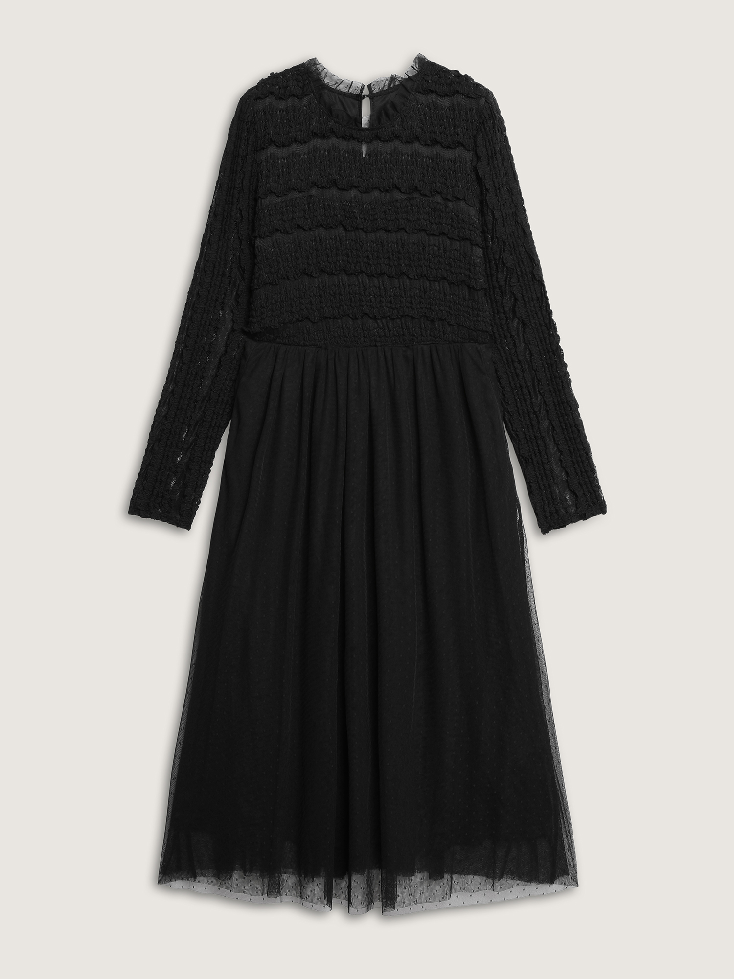 Side view of BloomChic Women's Plus Size Textured Lace Sheer Lined Maxi Dress Black Elegant Patchwork Mock Neck 12/L
