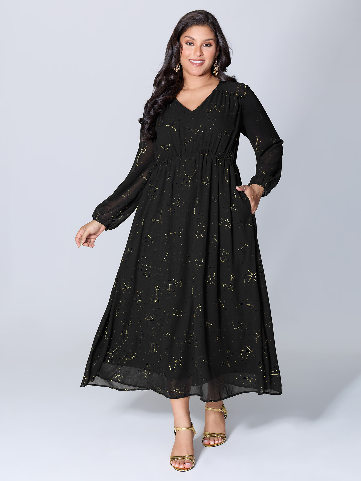 BloomChic Women's Plus Size Shimmery Hot Stamped Shirred Pockets Party Dress Black Party Maxi 26/4X-image-47559523106986