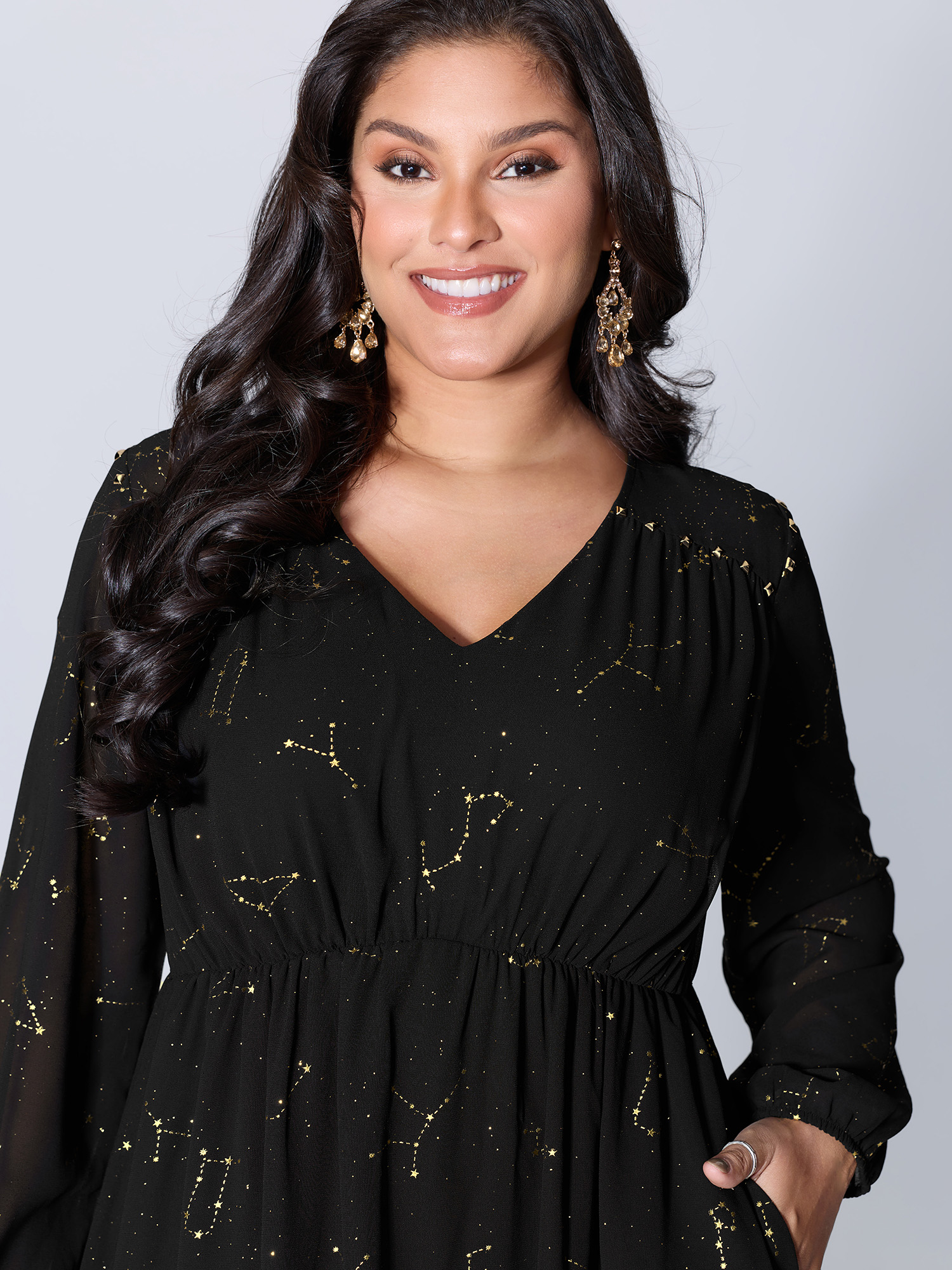 Side view of BloomChic Women's Plus Size Shimmery Hot Stamped Shirred Pockets Party Dress Black Party Maxi 10/M