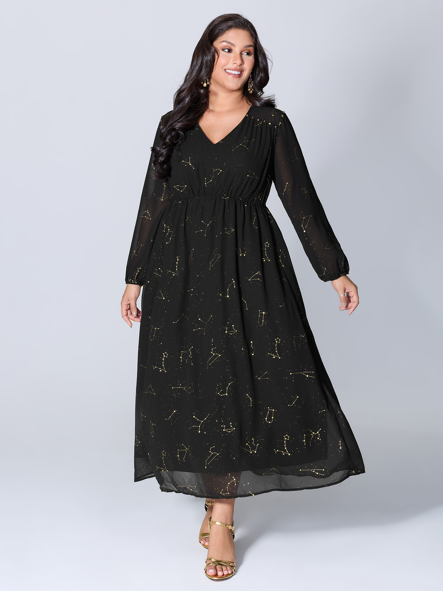 Side view of BloomChic Women's Plus Size Shimmery Hot Stamped Shirred Pockets Party Dress Black Party Maxi 10/M