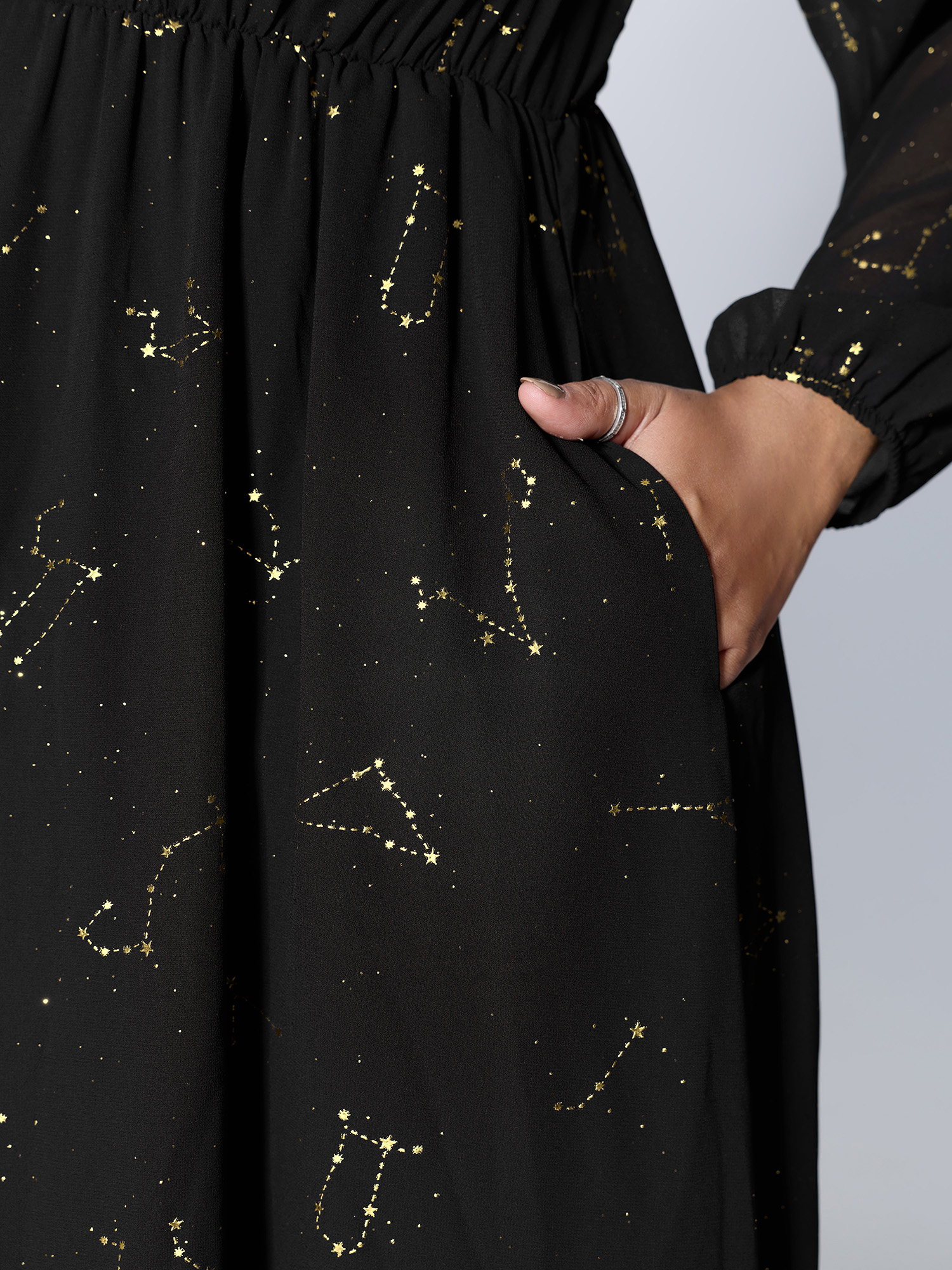 Side view of BloomChic Women's Plus Size Shimmery Hot Stamped Shirred Pockets Party Dress Black Party Maxi 10/M