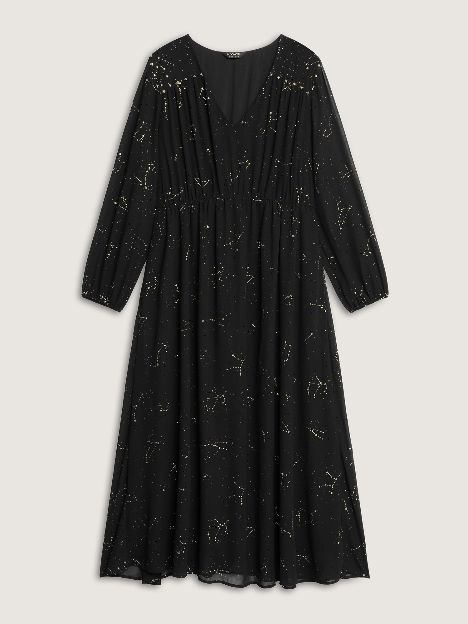 Side view of BloomChic Women's Plus Size Shimmery Hot Stamped Shirred Pockets Party Dress Black Party Maxi 10/M
