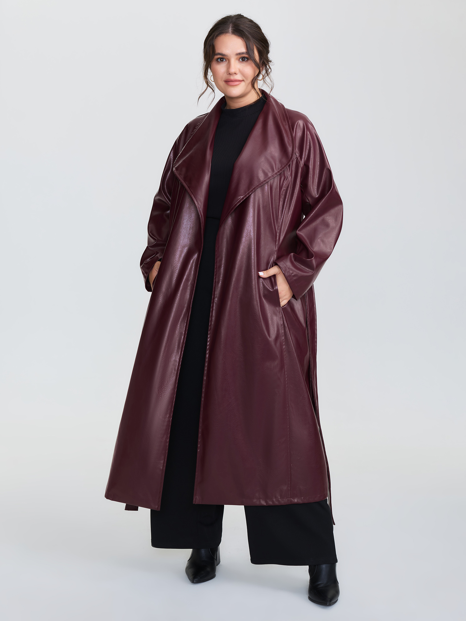 BloomChic Plus Size Artificial Leather Belted Waist Long Coat - Curve Women's Winterwear- Plum Elongate neckline Midi X-line Coats 22-24/2X