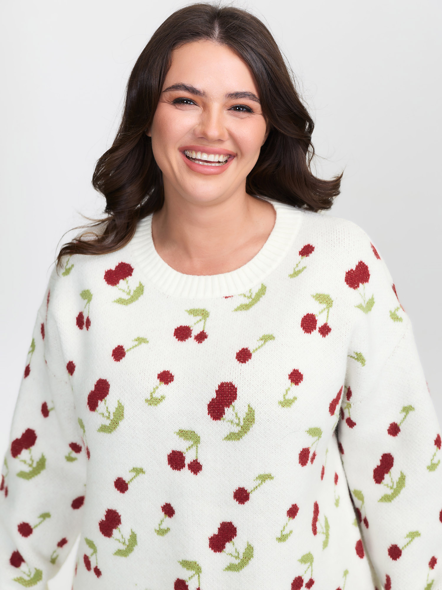BloomChic Women's Plus Size Cherry Pattern Jacquard Pullover Ivory Fruit Long Sleeve 10/M