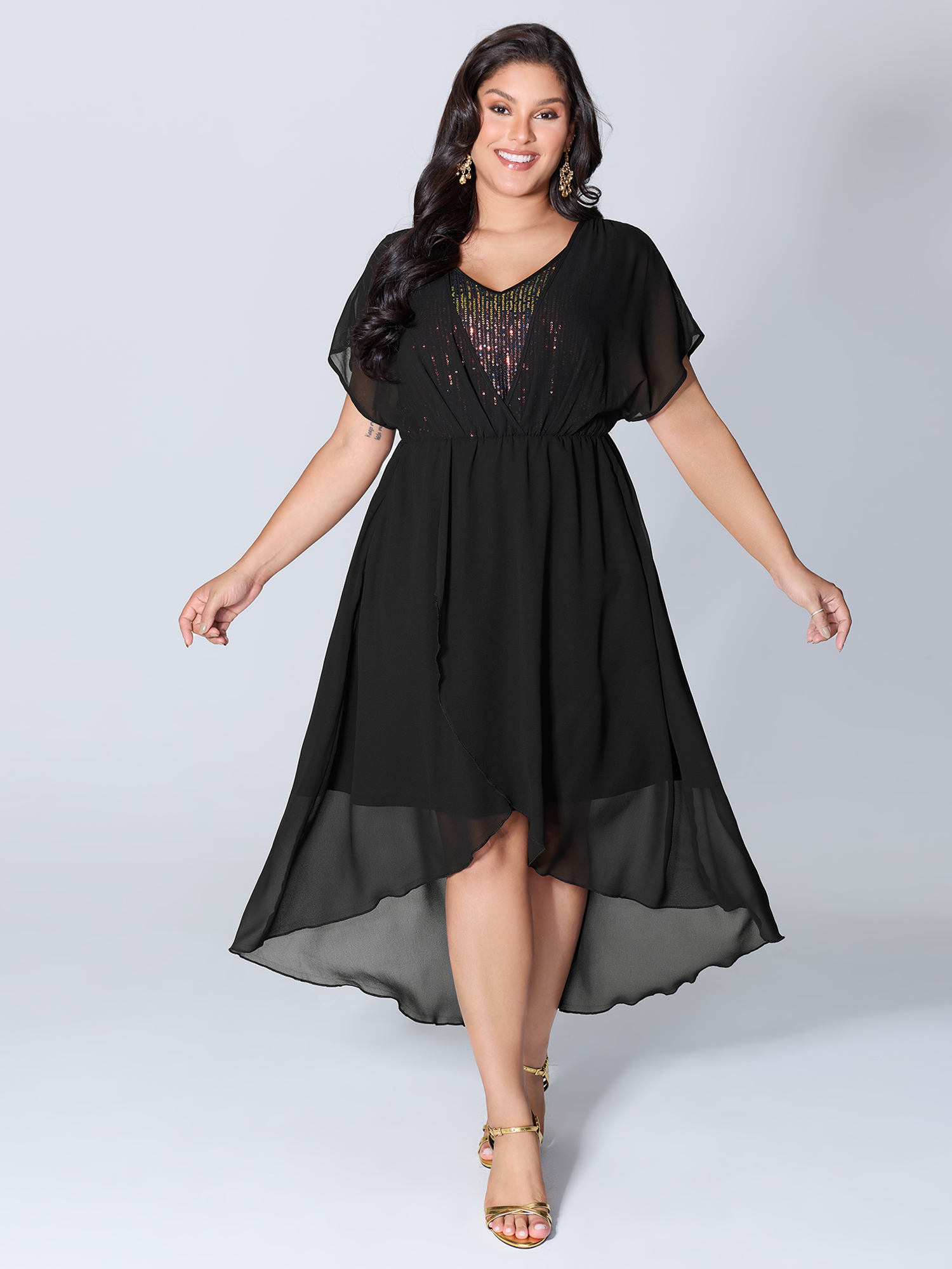 BloomChic Women's Plus Size 2-in-1 Sheer Sparkly Wrap Maxi Dress Black Non Maxi Occasion Overlapping 10/M