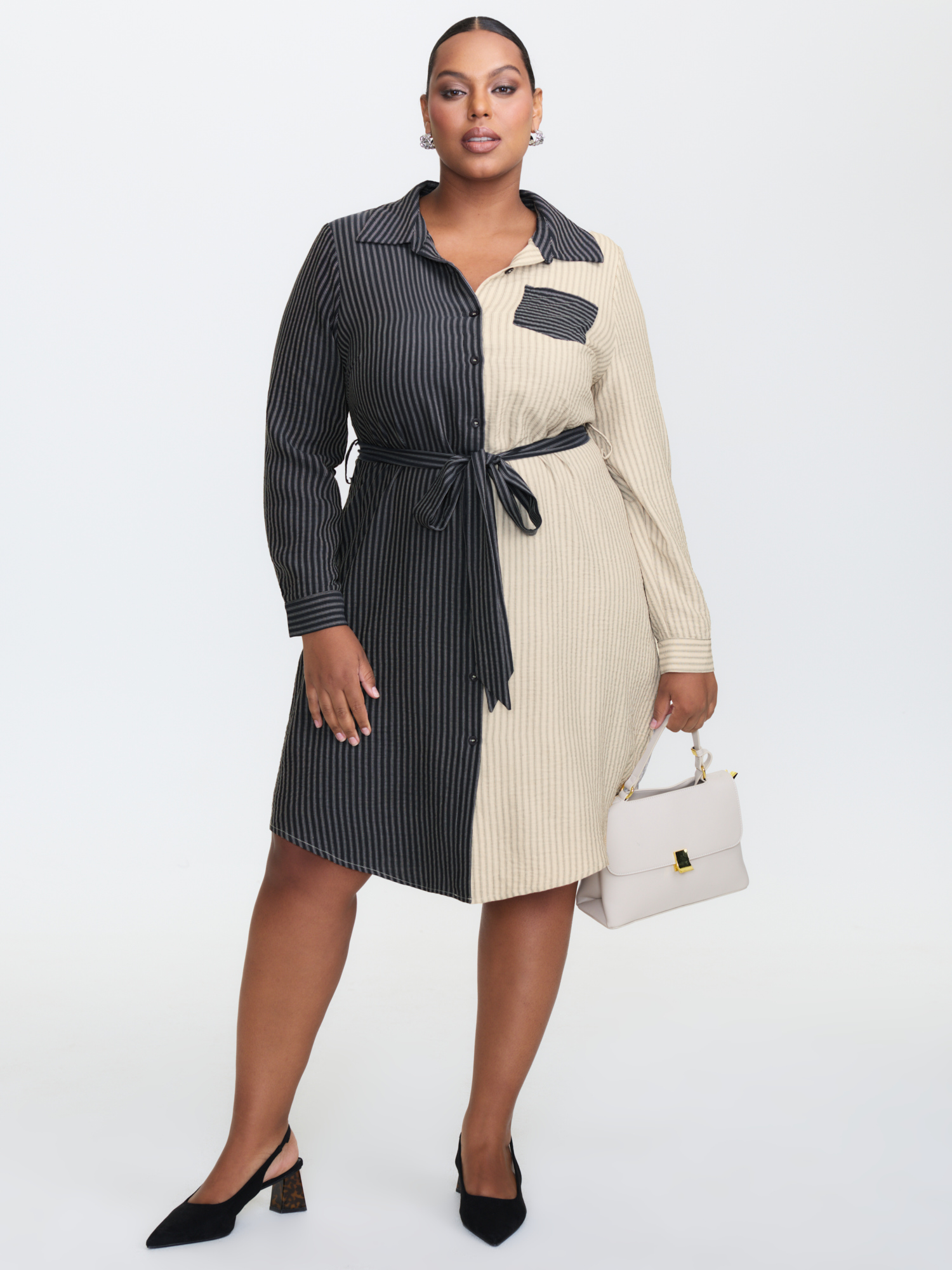 BloomChic Women's Plus Size Colorblock Belted Waist Midi Shirt Dress DarkBlue Stripes Knee Office 10/M