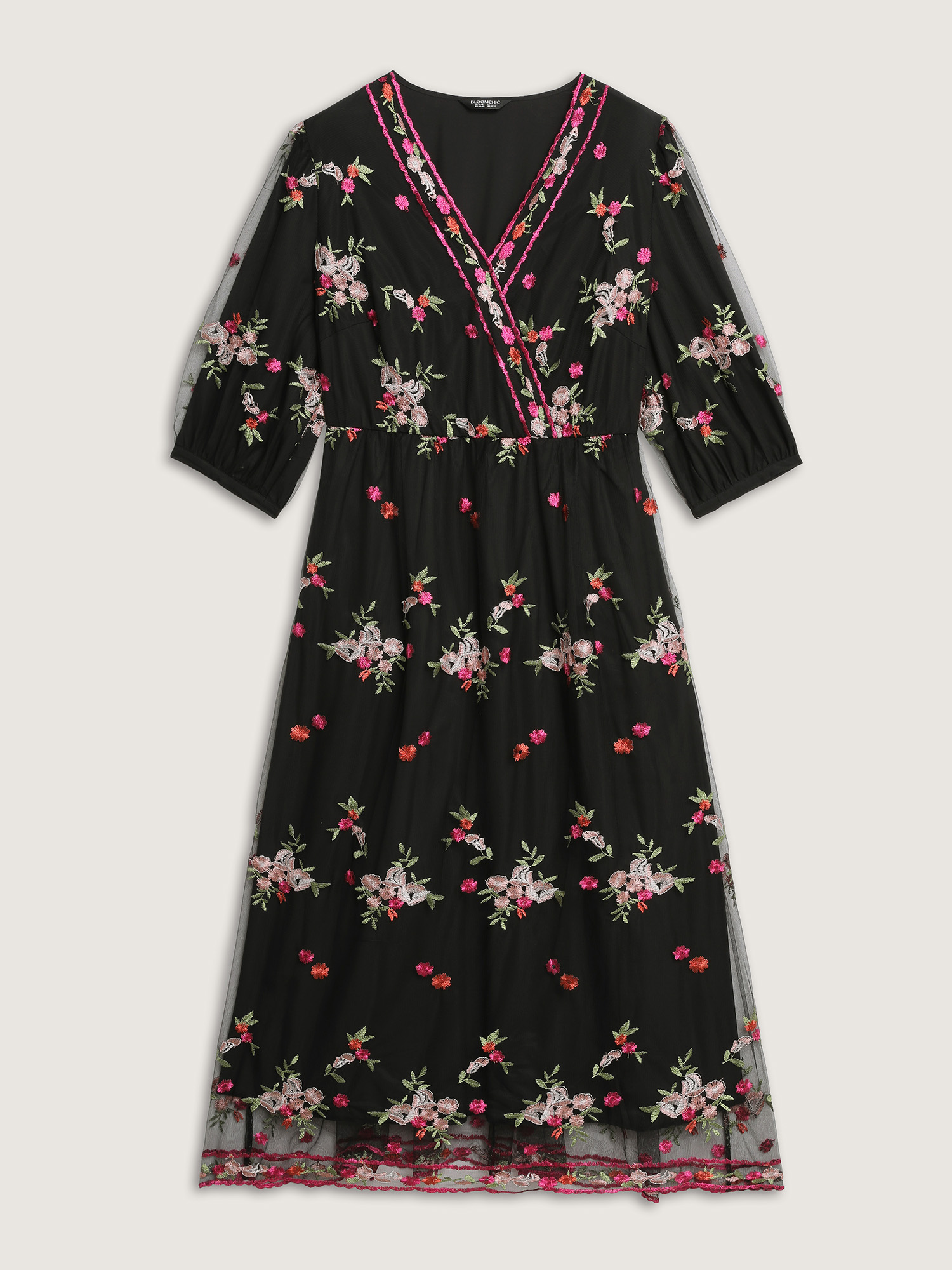 Side view of BloomChic Women's Plus Size Floral Embroidered Mesh Lined Party Dress Black Elegant Maxi 30/6X