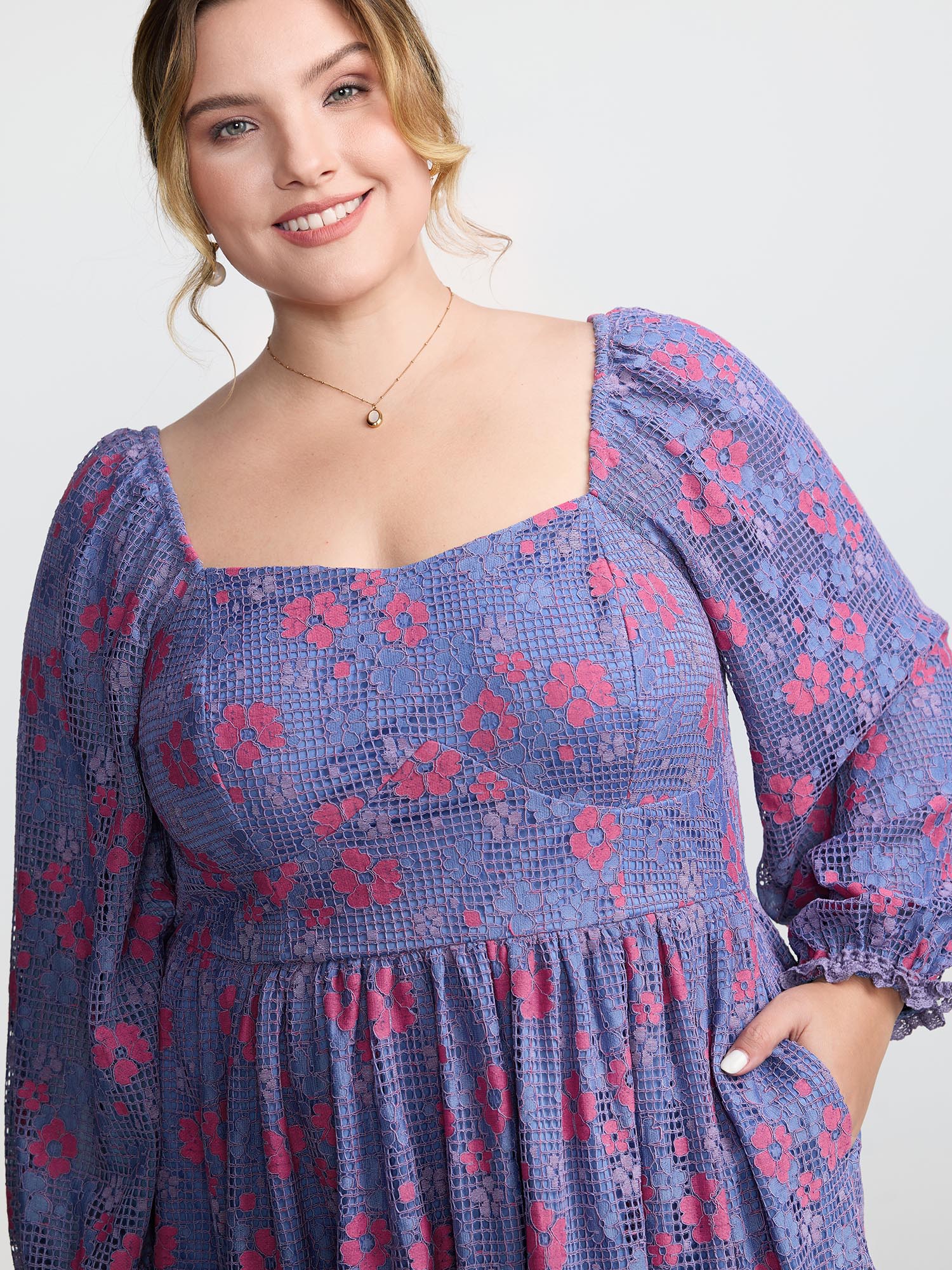 Side view of BloomChic Women's Plus Size Floral Lace Stretchy Triangular Waist Midi Dress Stone Elegant 30/6X
