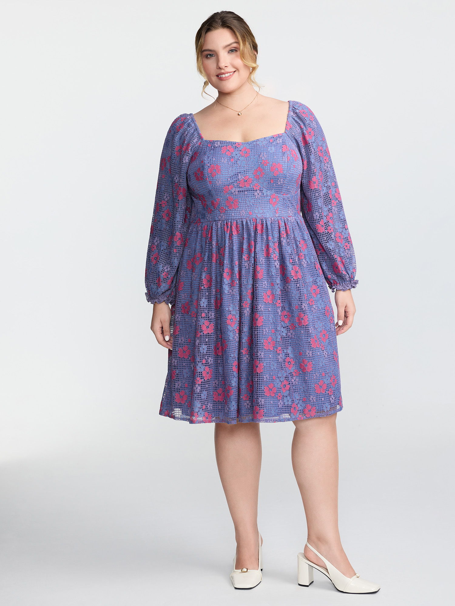 Side view of BloomChic Women's Plus Size Floral Lace Stretchy Triangular Waist Midi Dress Stone Elegant 30/6X
