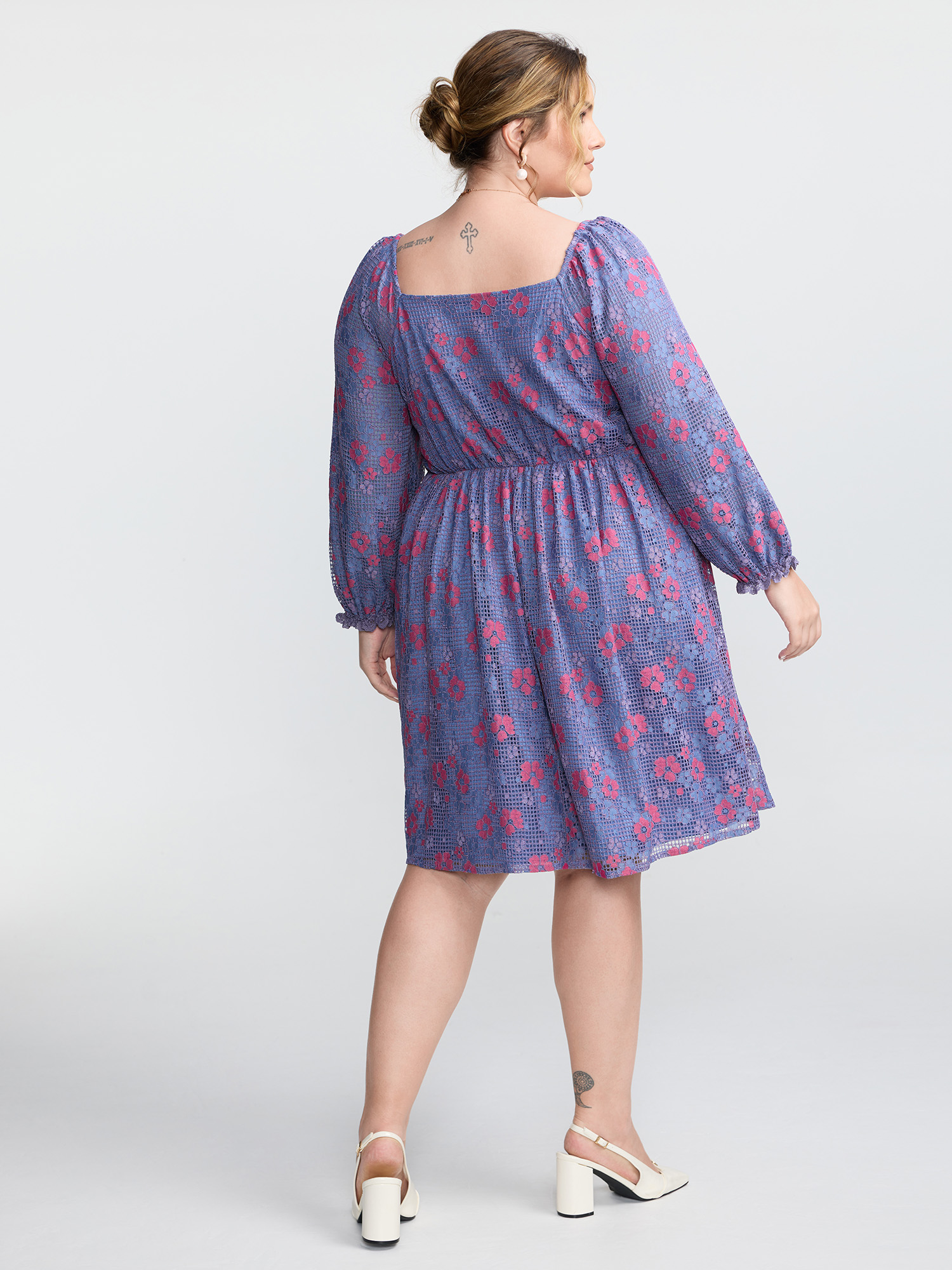 Side view of BloomChic Women's Plus Size Floral Lace Stretchy Triangular Waist Midi Dress Stone Elegant 30/6X