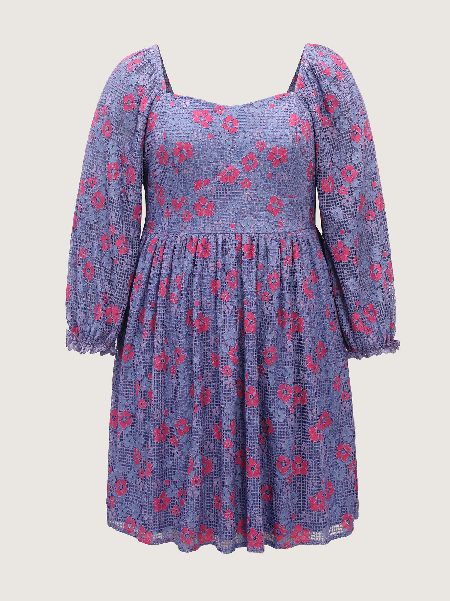Side view of BloomChic Women's Plus Size Floral Lace Stretchy Triangular Waist Midi Dress Stone Elegant 30/6X