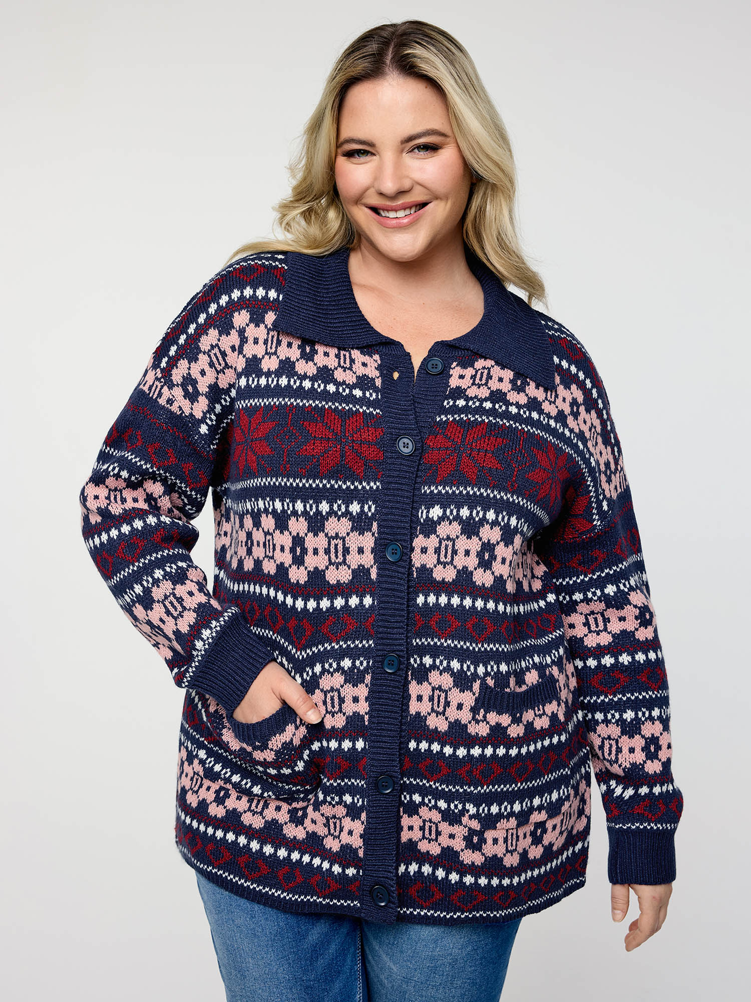 BloomChic Women's Plus Size Geometric Pattern Patch Pocket Button Knit Cardigan Indigo Long Sleeve 12