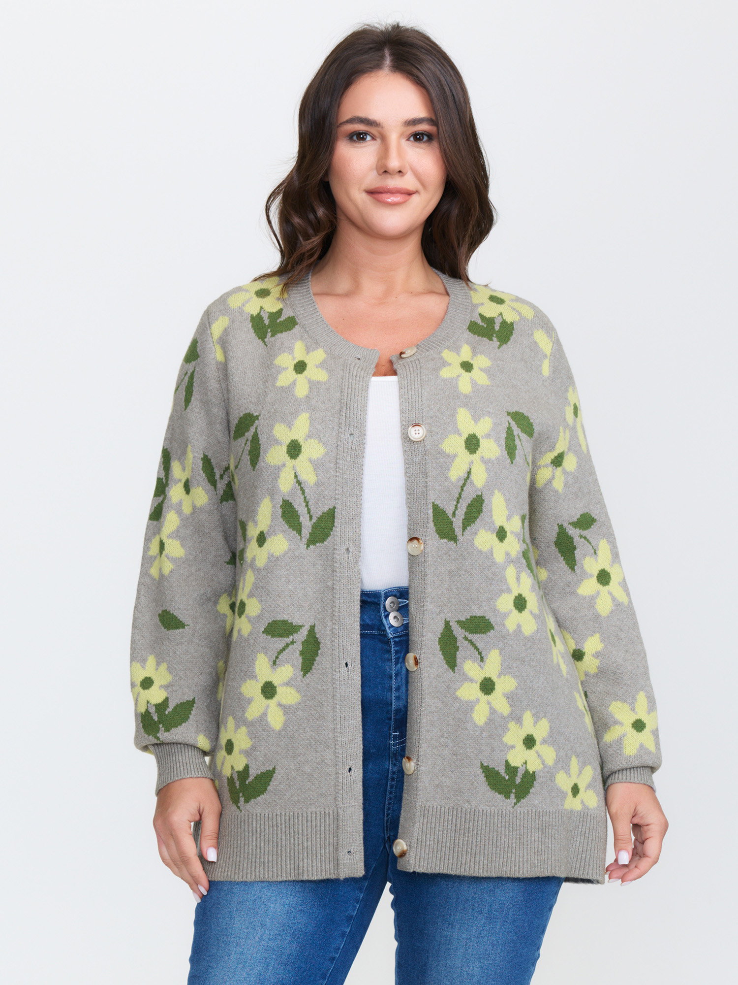 BloomChic Women's Plus Size Floral Pattern Jacquard Button Knit Cardigan LightGray Long Sleeve 12/L